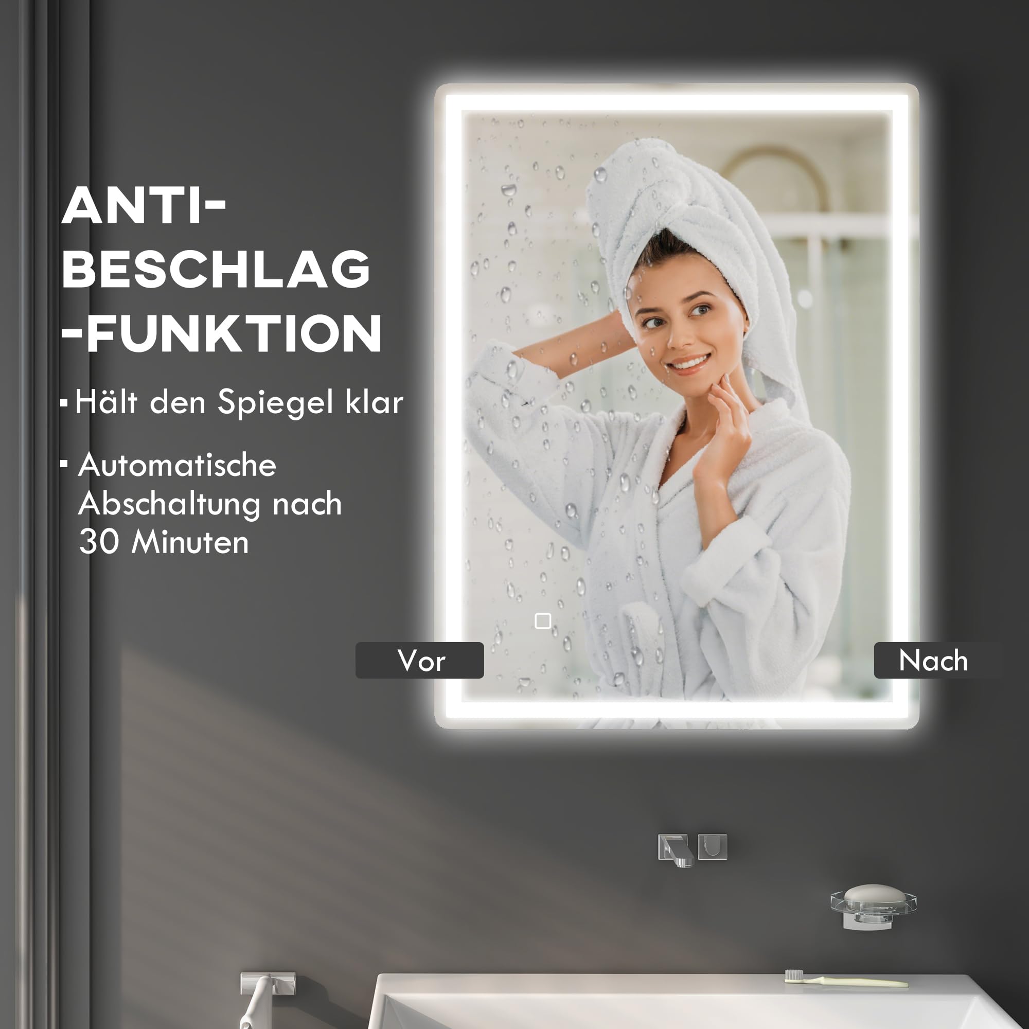 HOMCOM Badkamerspiegel met Verlichting 90x60 cm LED Spiegel met 3 Lichtkleuren Dimbaar, Achtergrondverlichting en Voorgrondverlichting, Touchschakelaar, Geheugenfunctie, Anticondens, Zilver