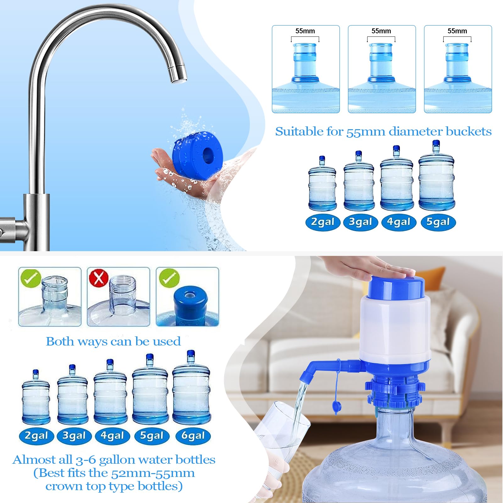 Water Pump For 5 Gallon Jug, 2 Pack Hand Pressure Water Bottles Pump Blue Universal Manual Drinking Water Pump - View #2