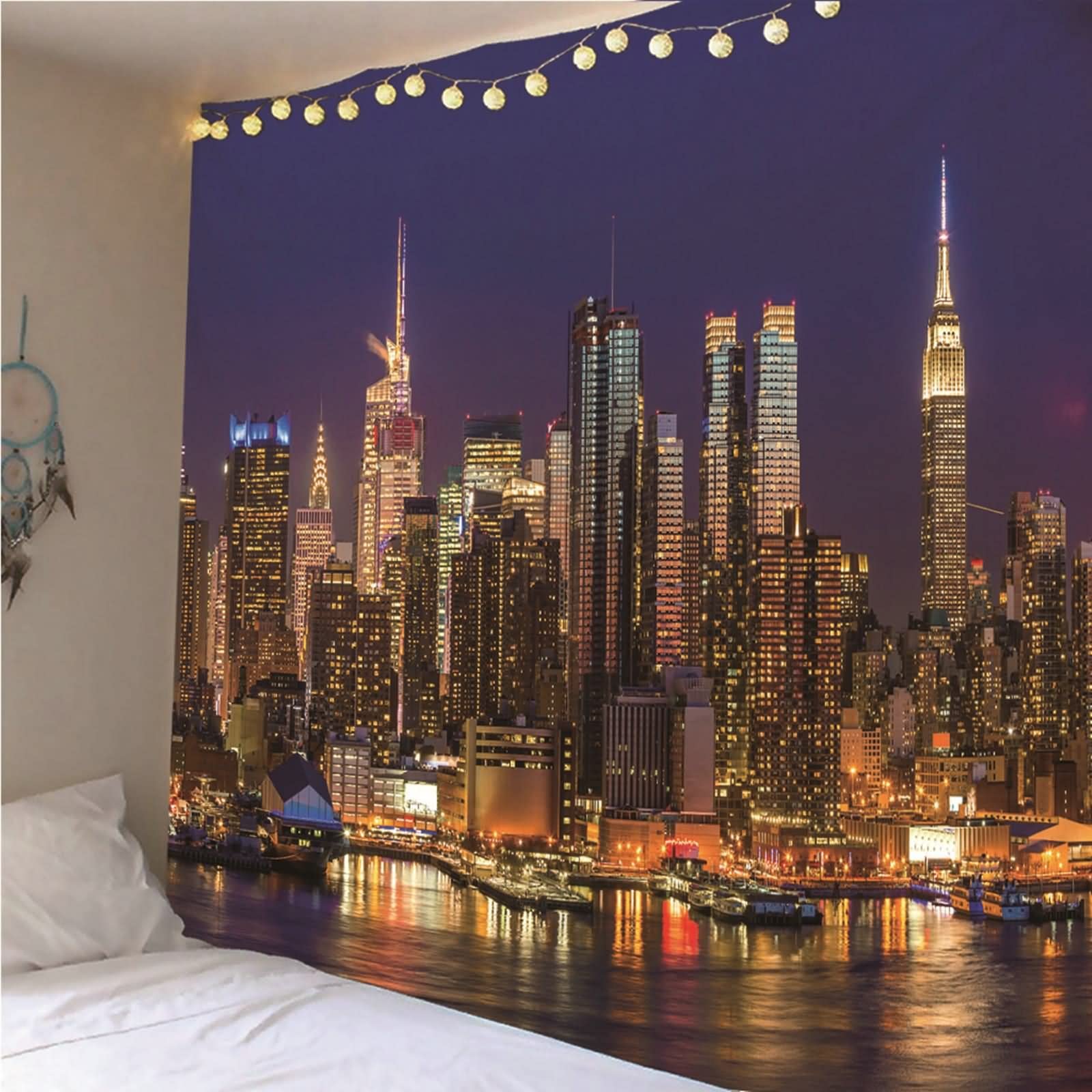 Tapiz Tela Pared Grande, Decoración Pared Grande Paisaje de La Ciudad de Noche Poliéster Vistoso 350x256CM