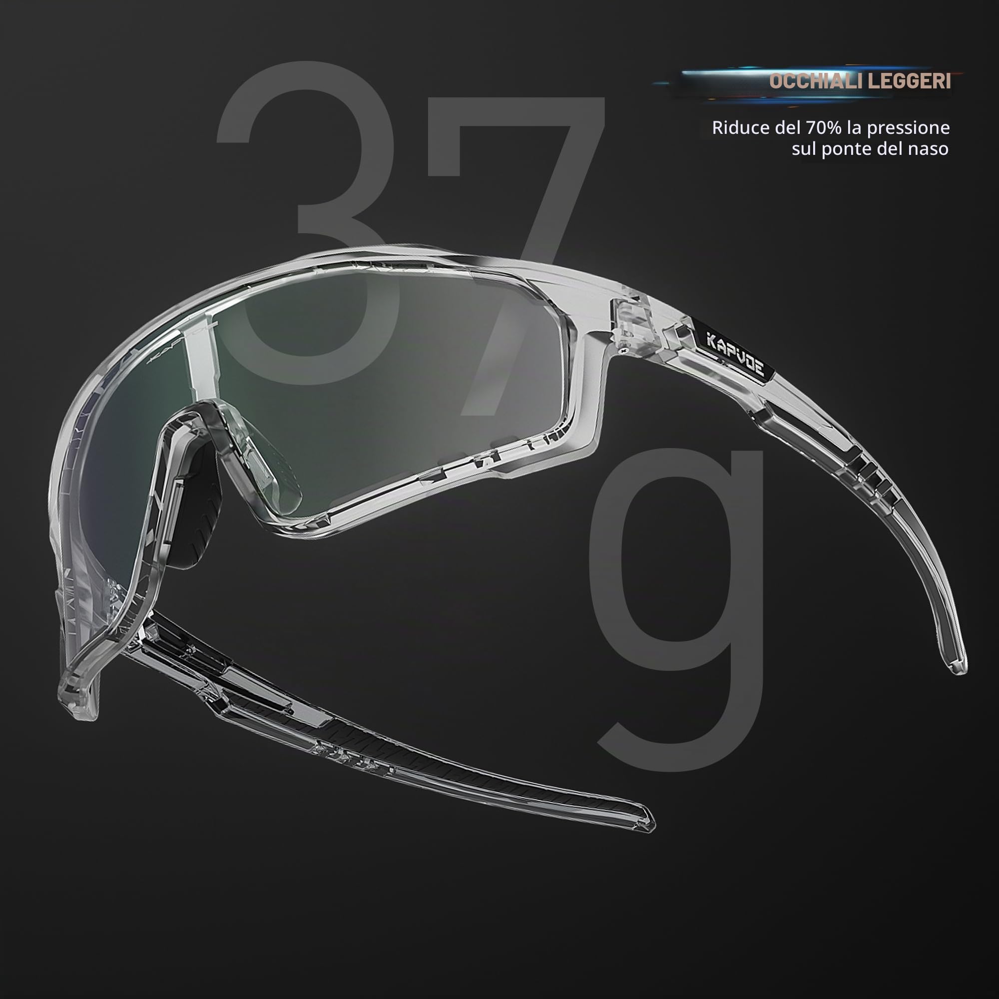 KAPVOE Occhiali Ciclismo Fotocromatici Lente e Telaio UV400 K76 | Lente & telaio fotocromatici, lente trasparente a nero CAT.0-CAT.2, UV400, nasello regolabile