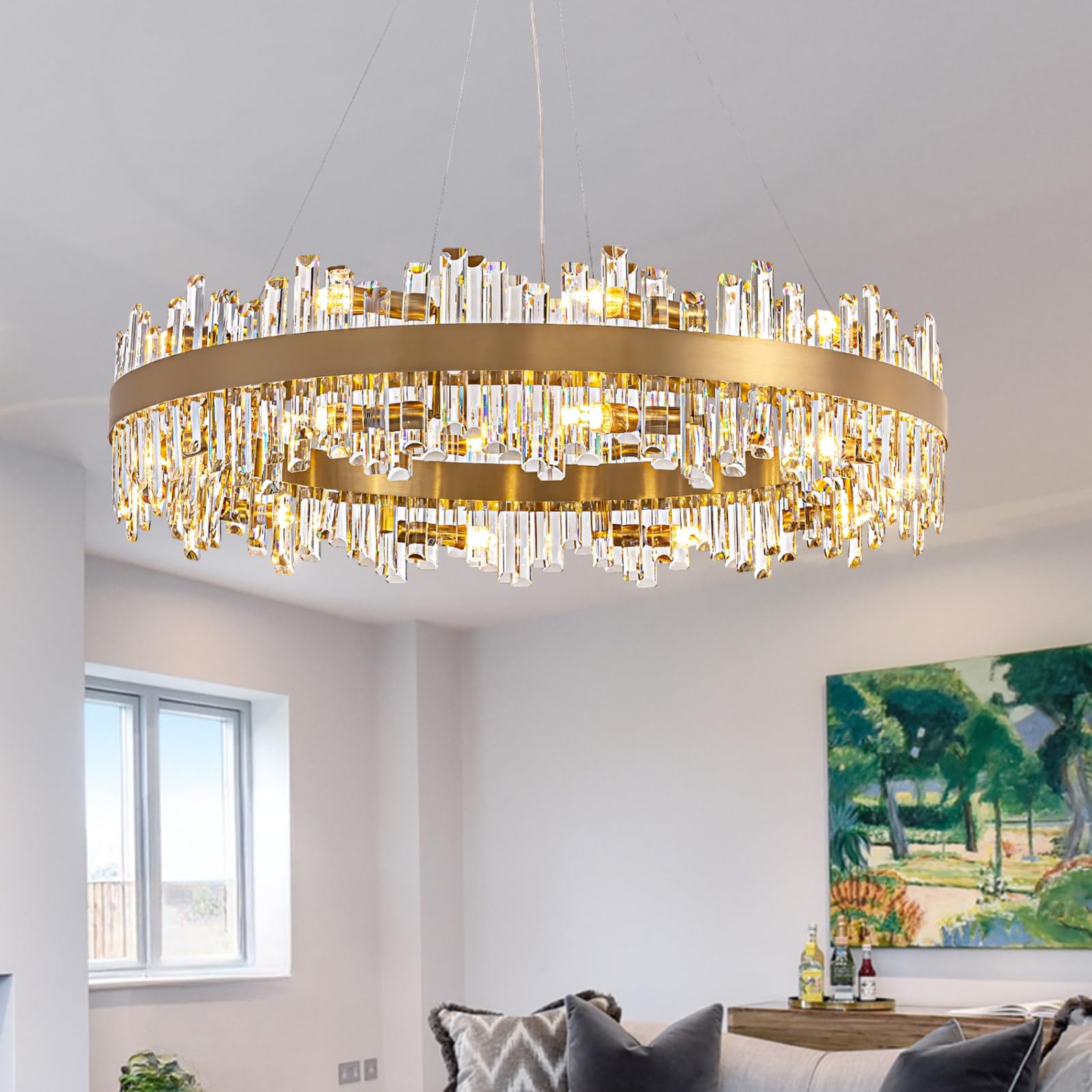 Photo 1 of ***UPDATED 5/17*** CROSSIO D39.4'' Large Crystal Chandelier, 20-Light Modern Gold 2-Tiers Crystal Raindrop Chandelier, Luxury Round Flush Mount Ceiling Light for Dining Living Room Kitchen Island Entryway Foyer