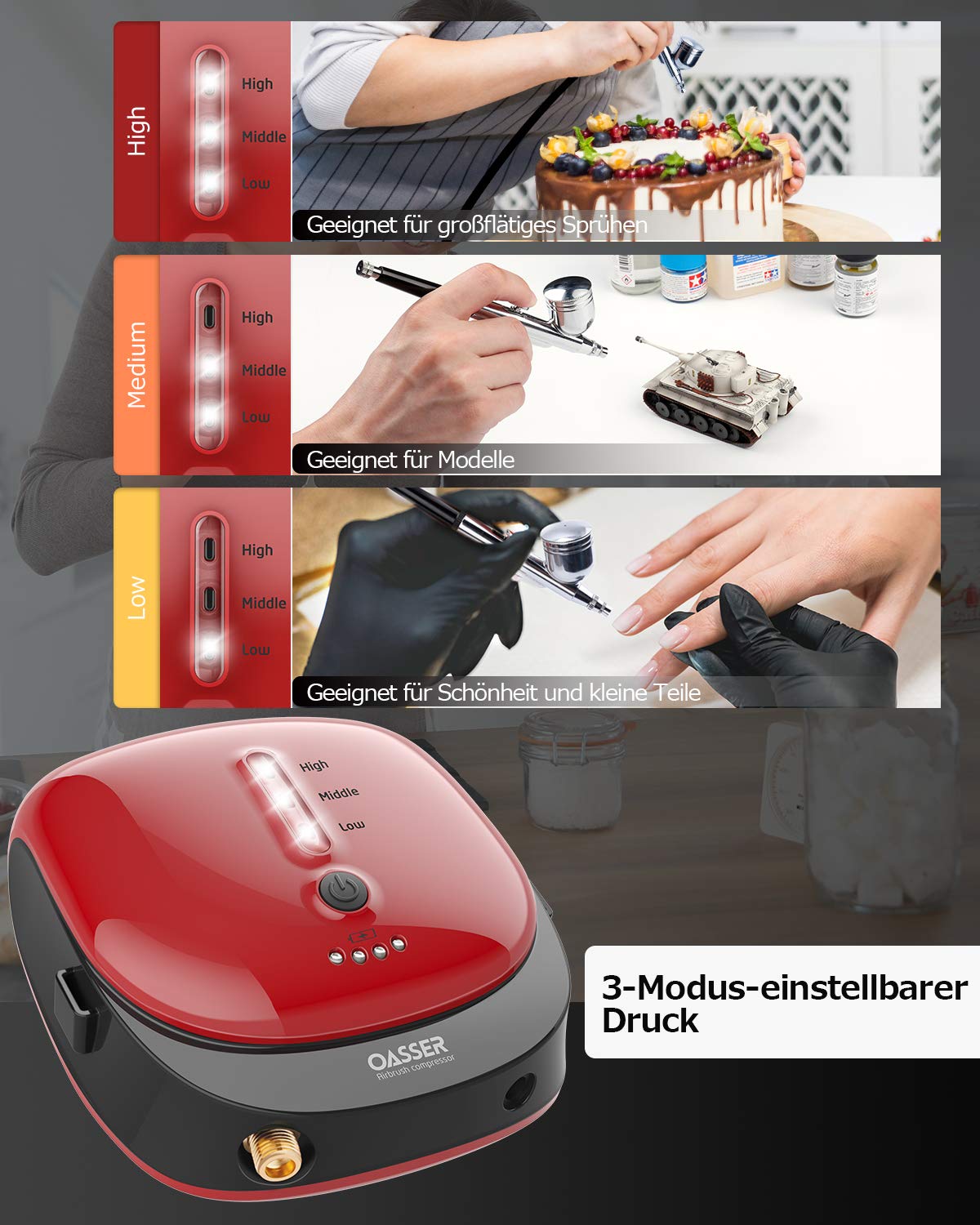 Oasser Airbrush Set Kompressor Dual Action 3 Modi wiederaufladbarer 1000mAh Akku 0,3mm Düse 7CC Tasse Airbrush Pistole für Modell Kosmetik Lackierung Rot
