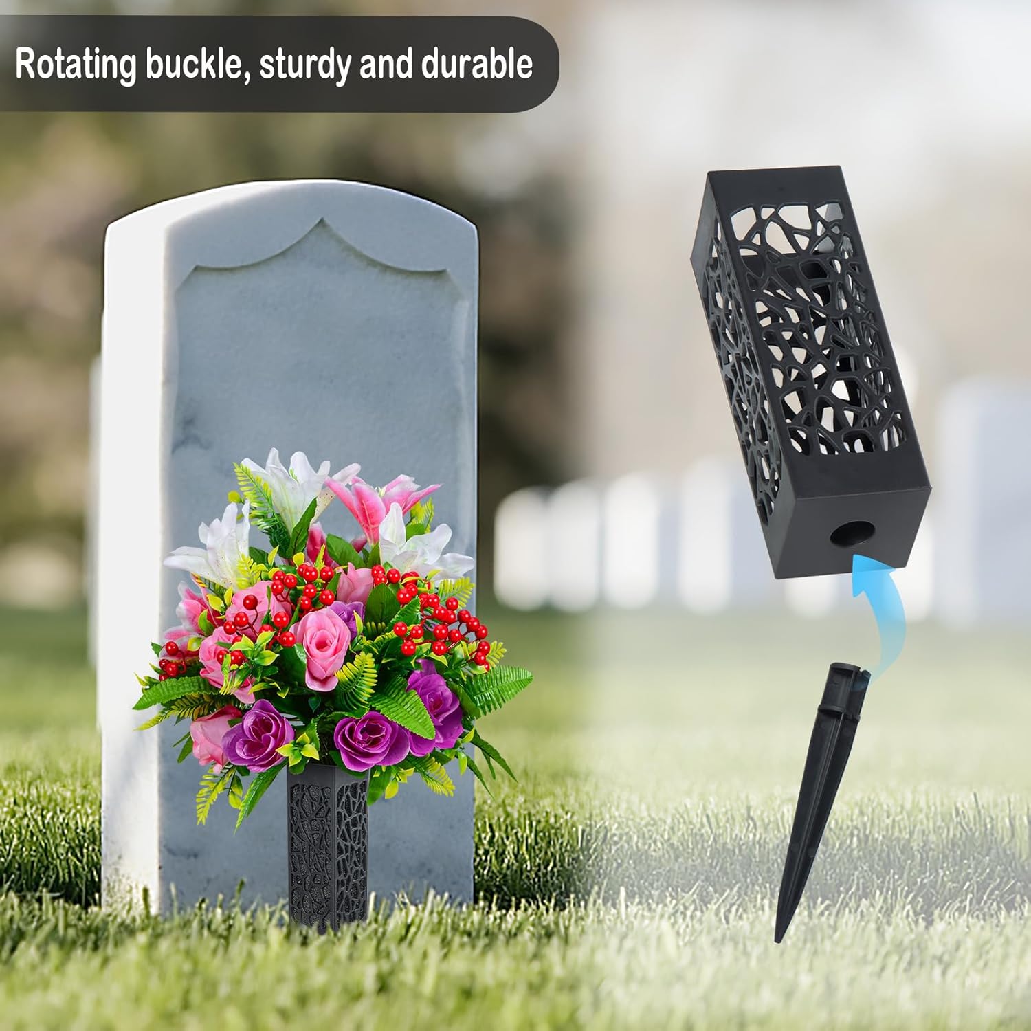 Set of 2 Artificial Cemetery Flowers, Artificial Rose Lily Grave Memorial Flowers with Black Plastic Vase for Cemetery Headstones Gravesite Decoration - Image 6