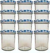 Vitrea 12x Sturzgläser 350ml - Einmachgläser Einweckgläser Schraubgläser - Marmeladengläser mit Schraub-Deckel TO 82 - Blau kariert
