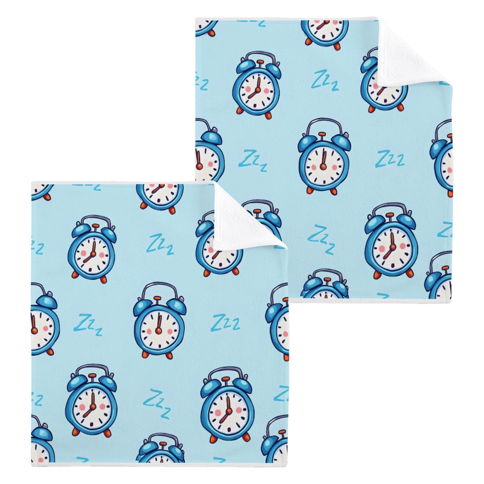Wash Cloth Set 100% Cotton Fingertip Towels Face Cloths Sets Blue Alarm Clock Highly Absorbent Soft Feel Set of 2
