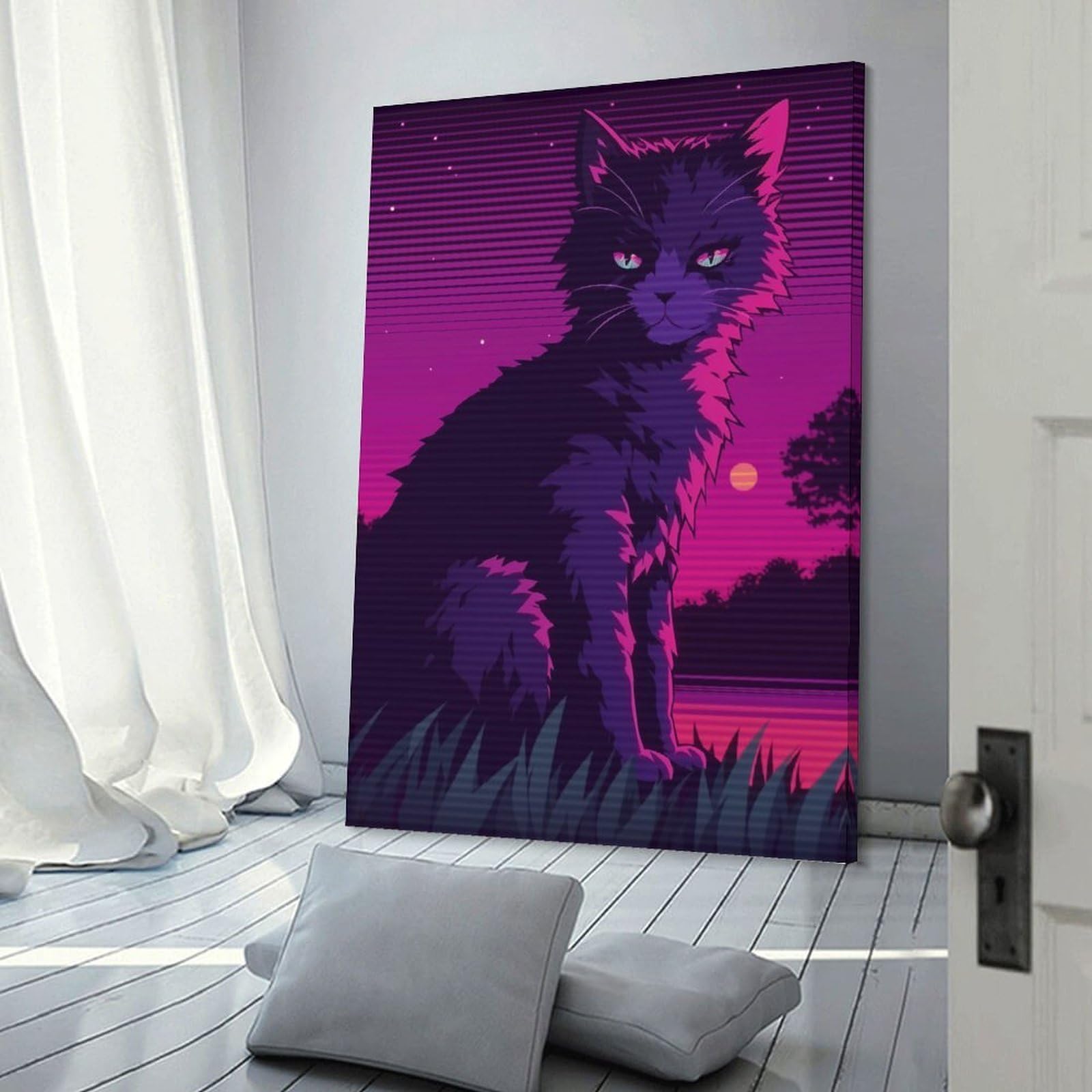 Junmoney Retro Cat in Sunset Canvas Wall Art, 20x30inch(50x75cm), for Bedroom Decor, Cosy Corners Or Studios, Stylish Decor for A Restful Room Update