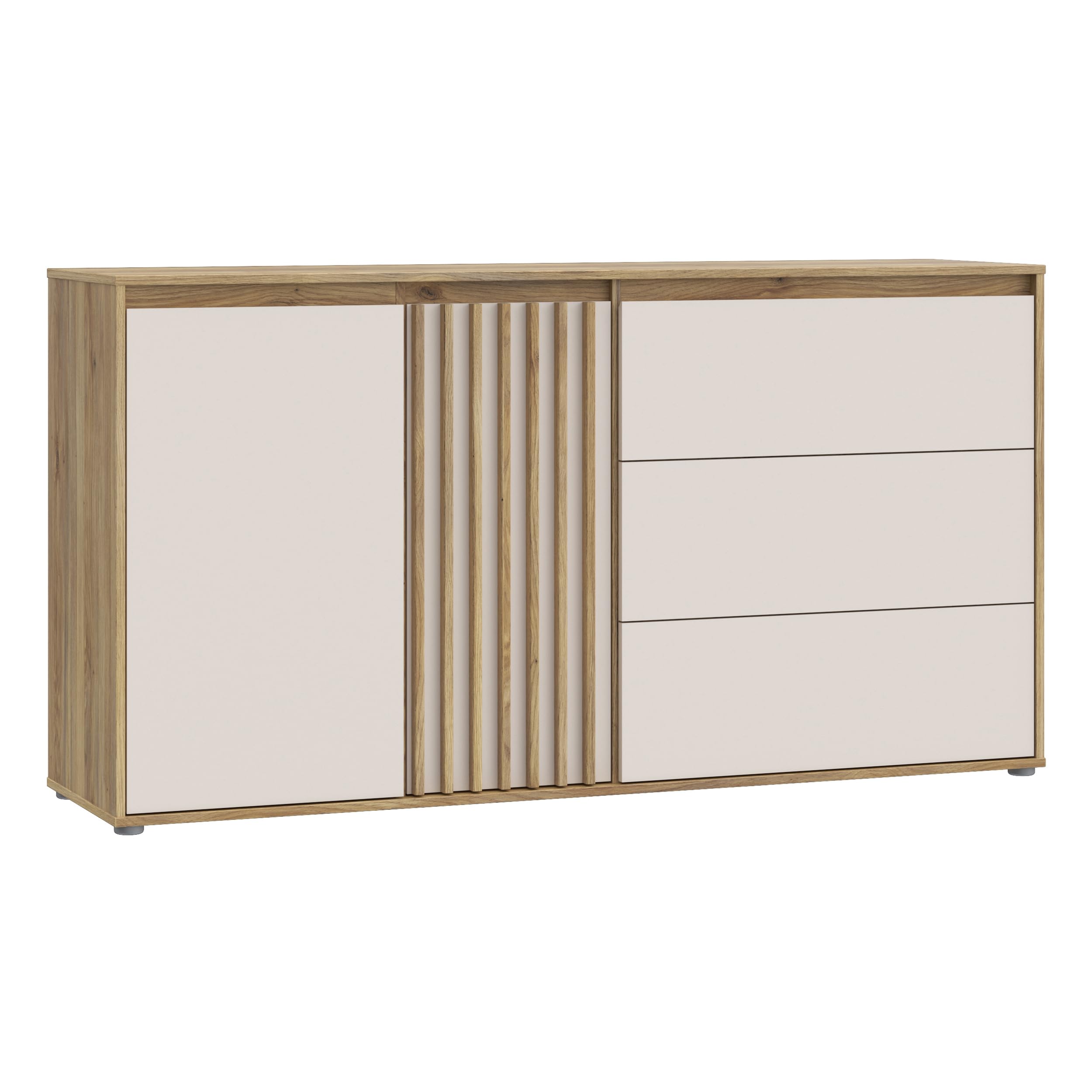 Forte ELISTON Kommode 160, modernes Sideboard mit Lamellendesign, 2-türig, 3 Schubladen, Wohn-/Schlafzimmer, Mauvella Eiche Holzdekor|Kashmir Beige, 159,3 cm breit x 84,9 cm hoch x 41,5 cm tief