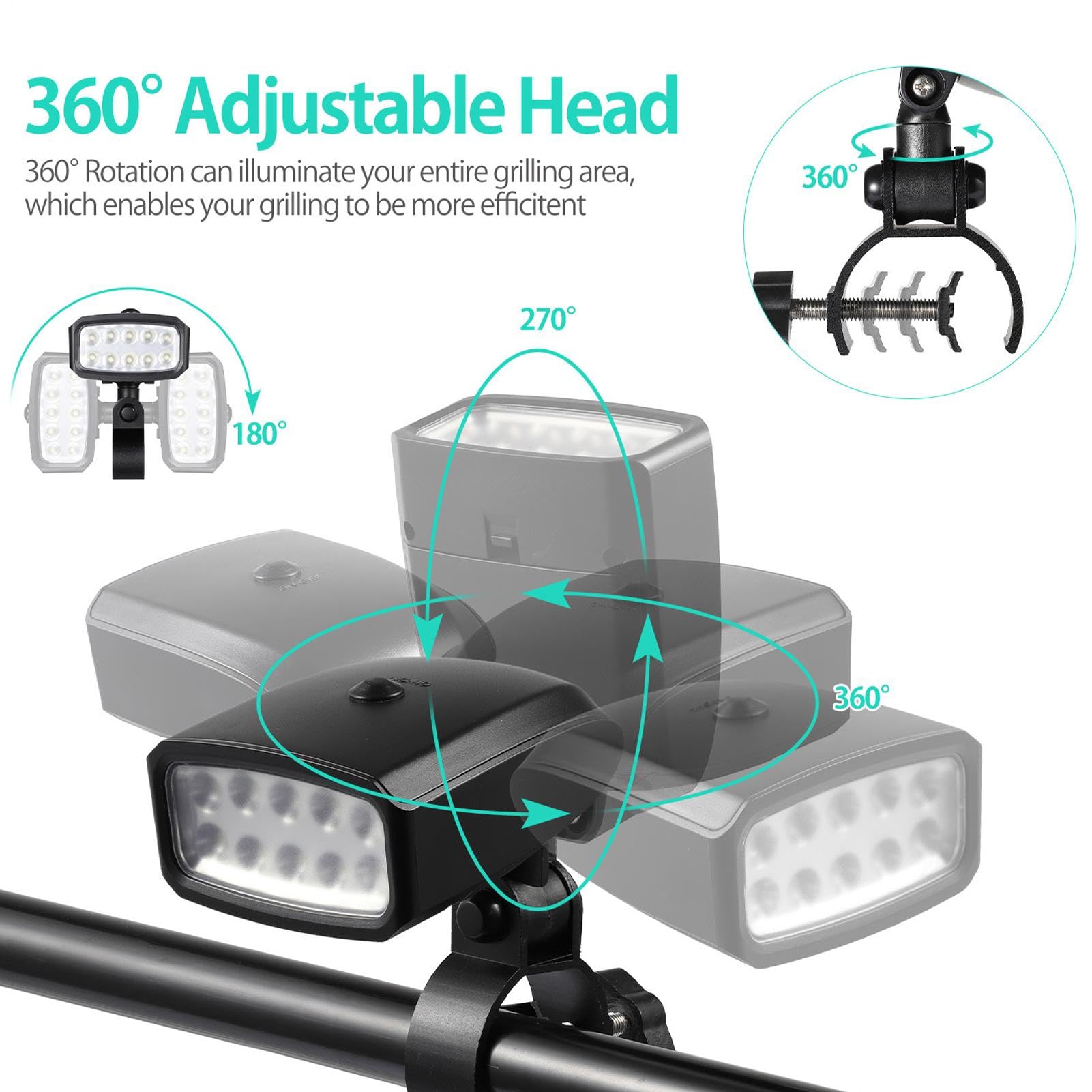 Lámpara de parrilla para exteriores, lámpara LED para barbacoa, diseño giratorio de 360 grados, 10 cuentas LED, 120 lm, funciona con pilas