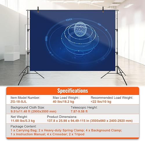 Miniatura 7 de VEVOR Soporte de fondo resistente de 12 x 10 pies, soporte de fondo para fotografía de altura ajustable, sistema de soporte de fondo con 6