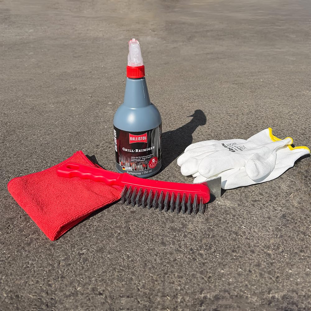 Grillreinigungsset 4-teilig mit Ballistol Grillreiniger, Grillbürste, weißen Handschuhen und Mikrofasertuch – Reinigungsset für Gasgrill und Holzkohlegrill