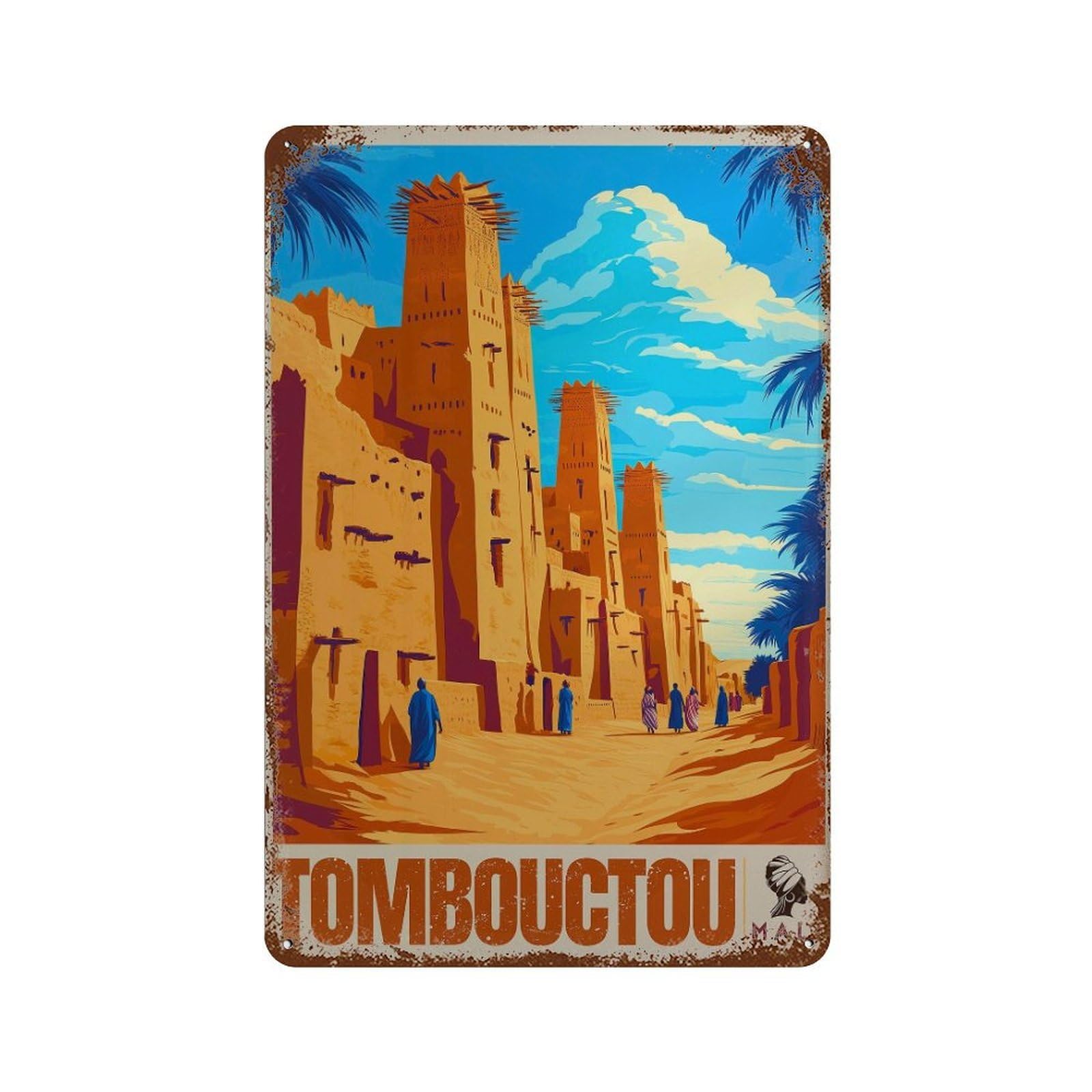 xiaoxiaoshen Timbuktu Travel Mali Adobe Architecture Blue Sky Wall Decor Art Metal Tin Poster Modern Home Decor Art Home Bar Shop Decorations Vintage Sign 30x20cm