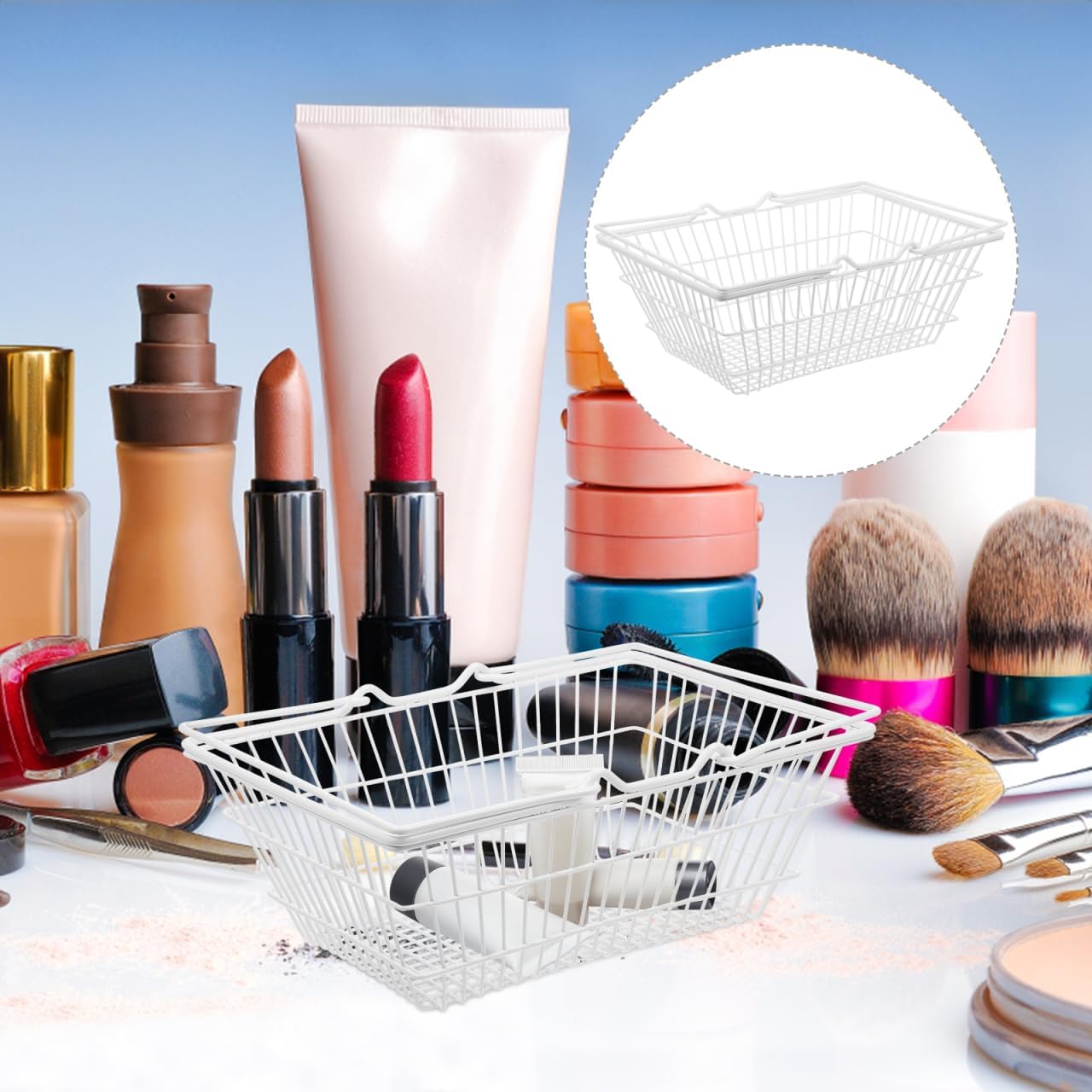 jojofuny Handheld Shopping Room Portable Small Container Wire Practical Metal Iron Basket Bin Xx L Makeup Sundries Countertop Hanging Kitchen Design Desktop with Office Mini White Inch image 5