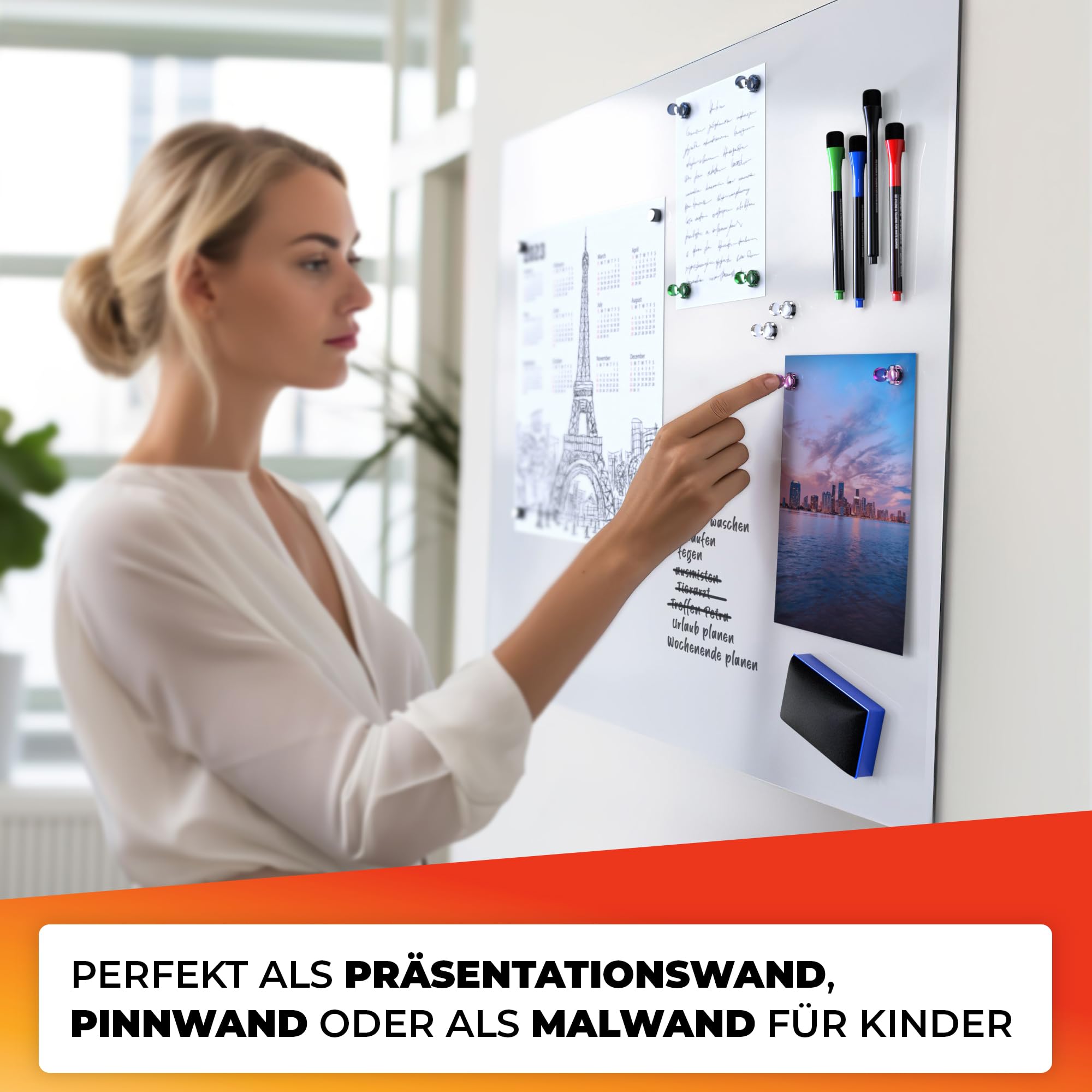 Whiteboard Folie 90x120cm - 3M Magnetfolie selbstklebend - Magnetische Tafelfolie abwischbar - Praktische Ferrofolie Weiß - Whiteboardfolie inkl. 4 Marker, großer Radiergummi und 8 Pins