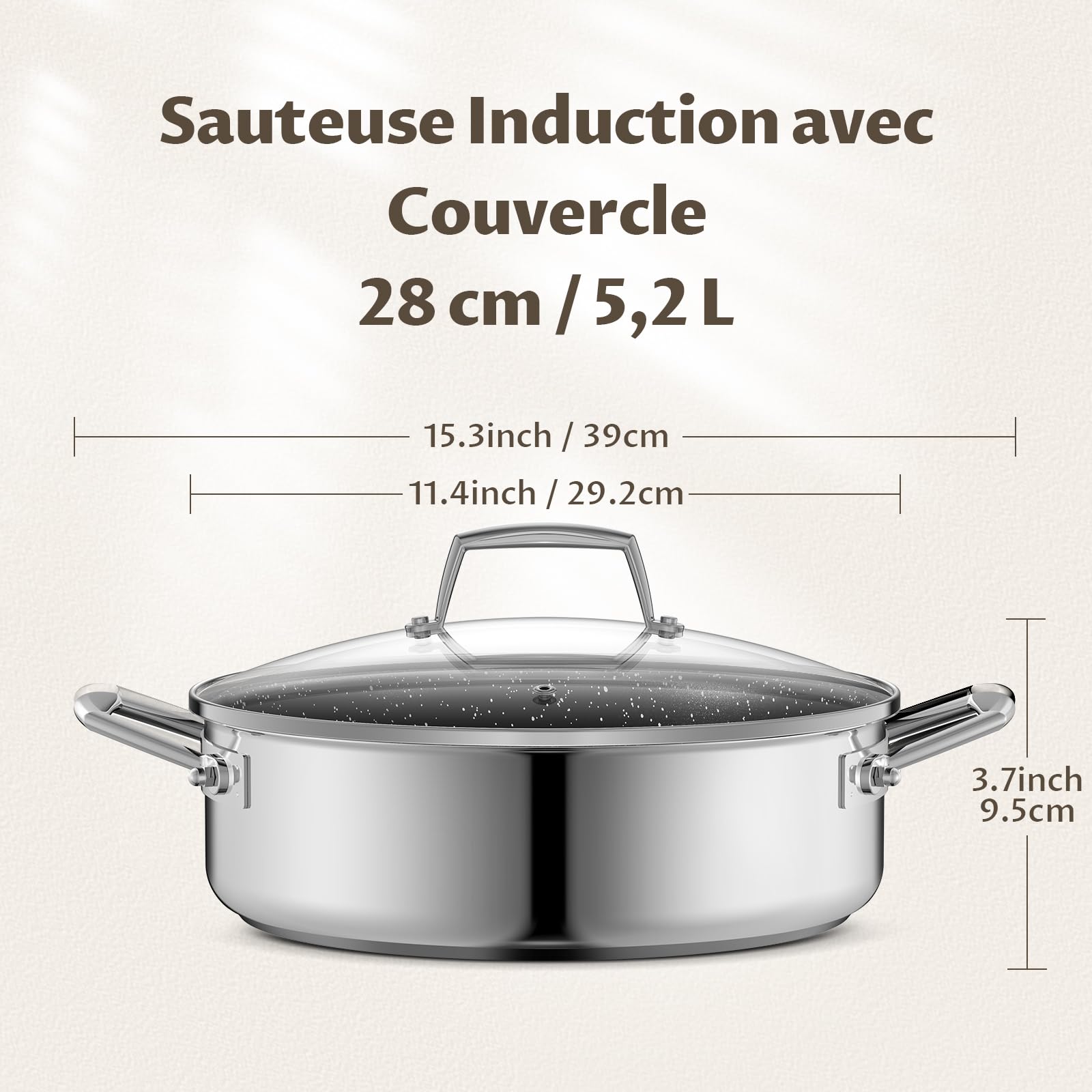 BEZIA Sauteuse 28 cm avec Couvercle, Faitout Induction 5,2 L | Poêle inox 18/10, revêtement céramique sans PTFE, cocotte/poêle passe-four pour mijoter, rôtir & cuire