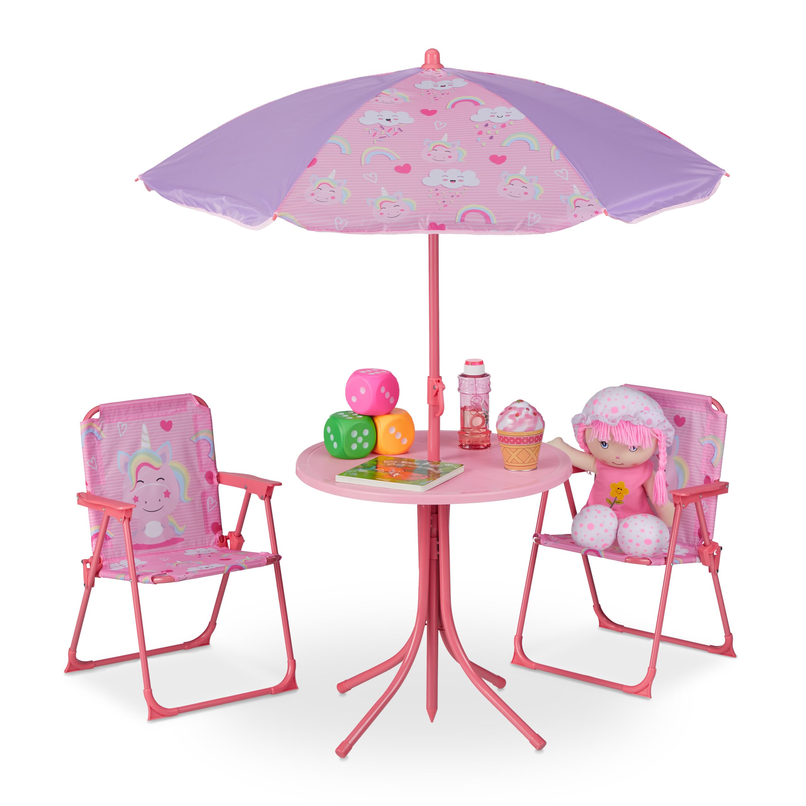 Salon de jardin enfant licorne pliable rose avec parasol réglable et deux chaises de plage