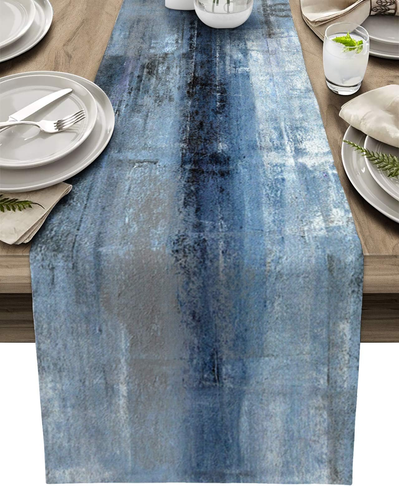 ARTSHOWING Abstract Art Table Runner, Washable Table Decoration for Home Kitchen Dining Holiday Wedding Party, Easy to Clean 13x108inch - Retro Style Oil Painting Texture Blue