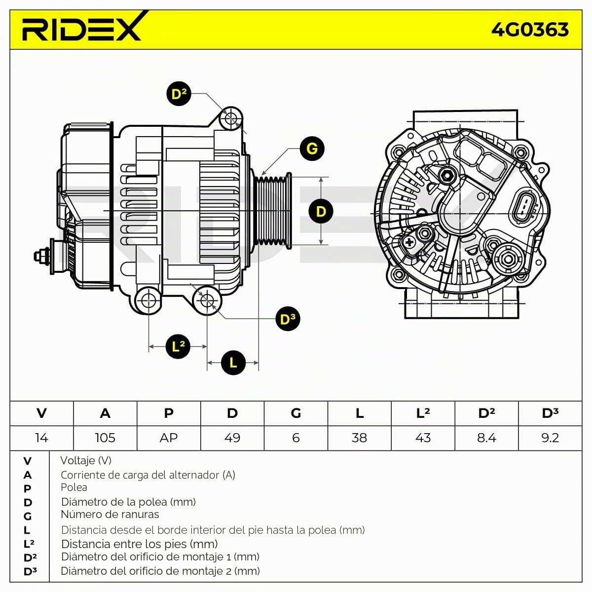 RIDEX 4G0363 Alternador con regulador incorporado Compatible con MINI Hatchback R50, R53