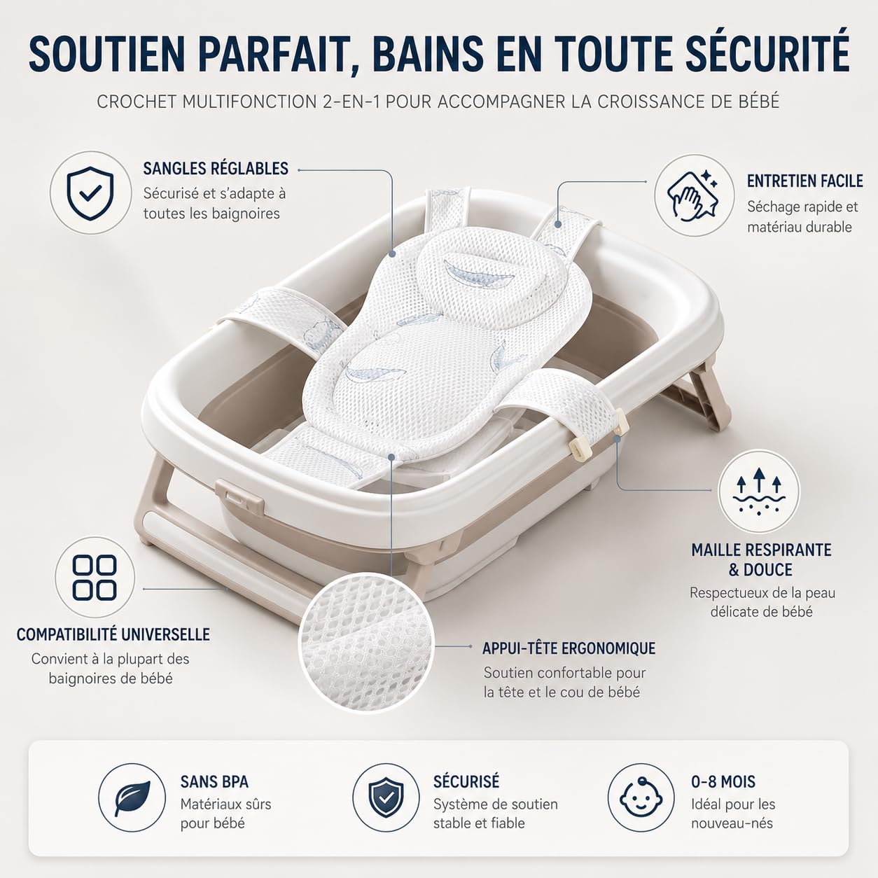 Baignoire Bébé Pliable XXL 86cm avec Thermomètre Intégré, 0-4 Ans, Coussin de Bain Doux amovible, Bonde de vidange, Design Antidérapant et Gain de Place, Crochet de Suspension Rétractable