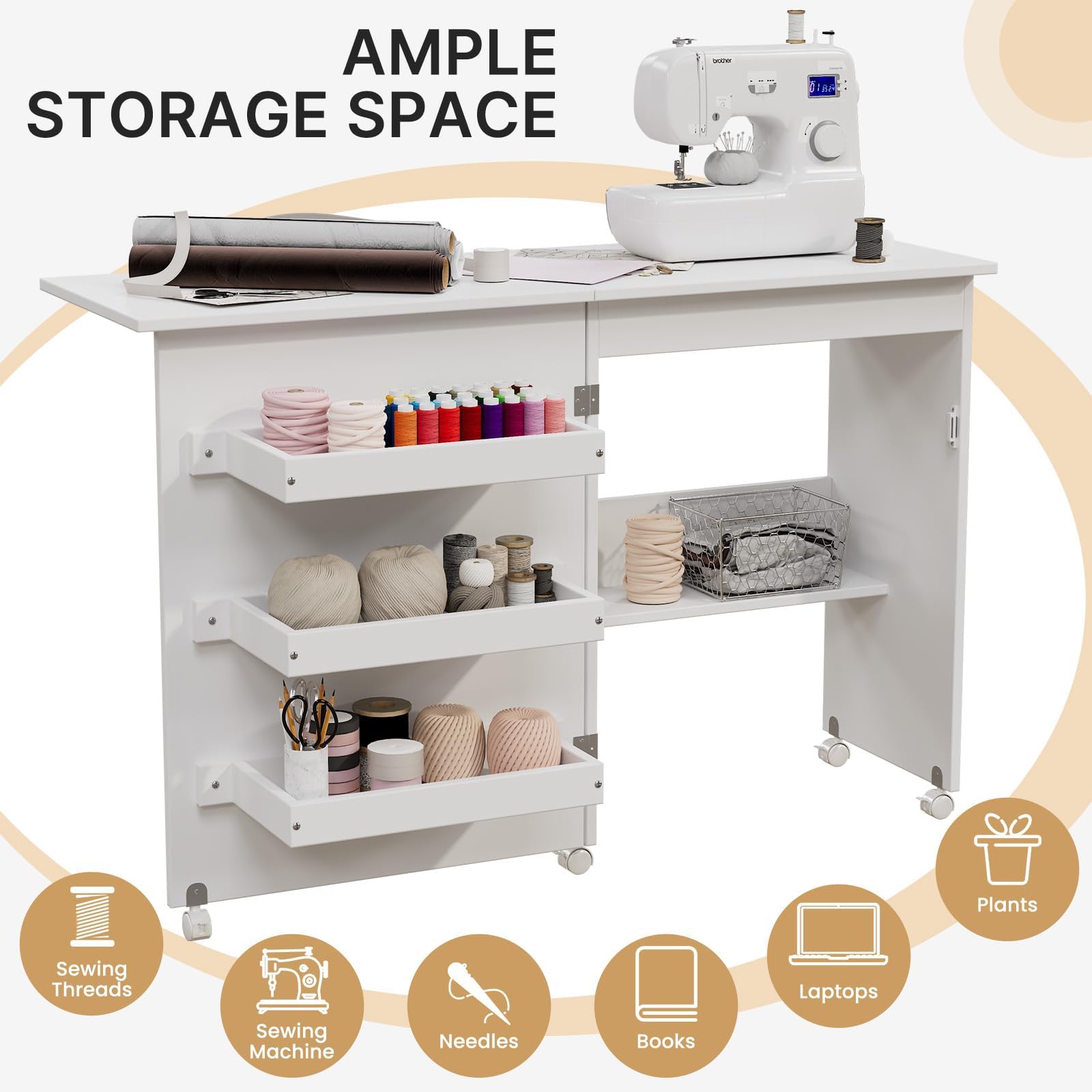 Mesa de costura plegable multiusos con 3 compartimentos de almacenamiento y estante, mesa de trabajo con ruedas para espacios pequeños