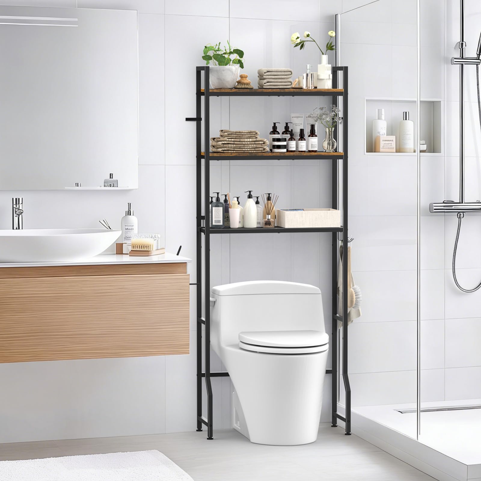 CADUKE Toilettenregal, Waschmaschinenregal Toiletten-Überbau mit Aufbewahrungskorb, 3 Ebenen Ablage über Waschmaschine für Badezimmer und Waschküche mit 4 Haken und Papierhalter, Braun