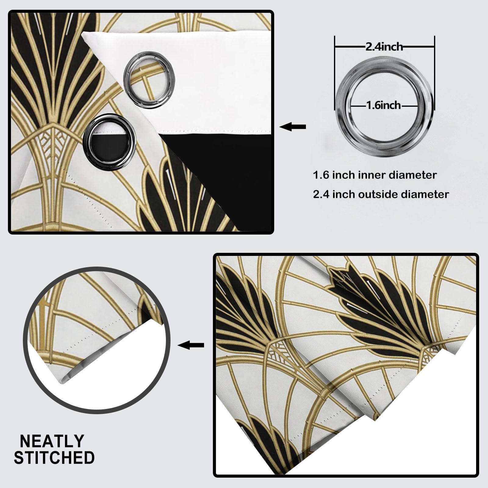 Verdunklungsvorhänge 2er Set - Retro-Luxus-Fächerform Thermovorhang - Art Deco Vorhang Blickdicht mit Ösen - Lärmschutzvorhang Gardinenschals - H220 x B140 cm, Gold
