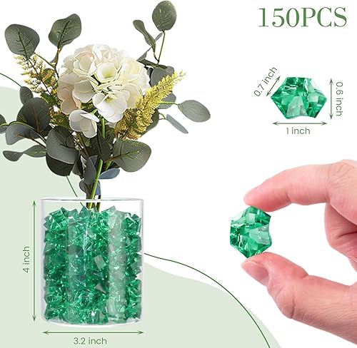 Miniatura 4 de DomeStar - Rocas de hielo falsas, 150 piezas de acrílico verde trébol, diamantes verdes, gemas de plástico verdes, relleno de jarrones para decorar