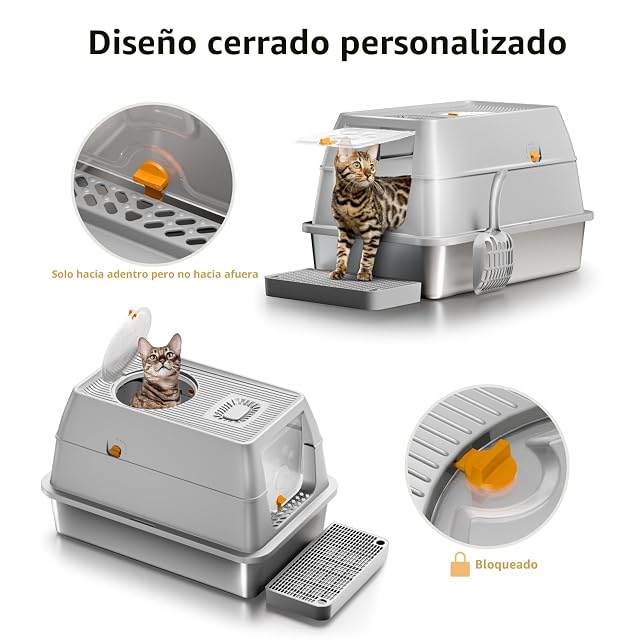 Foto 5 de 7 de Arenero Acero Inoxidable Gatos, XXL Arenero Cerrado para Gatos, 60 x 40 x 39 cm, Caja de Arena con Pala - Gris