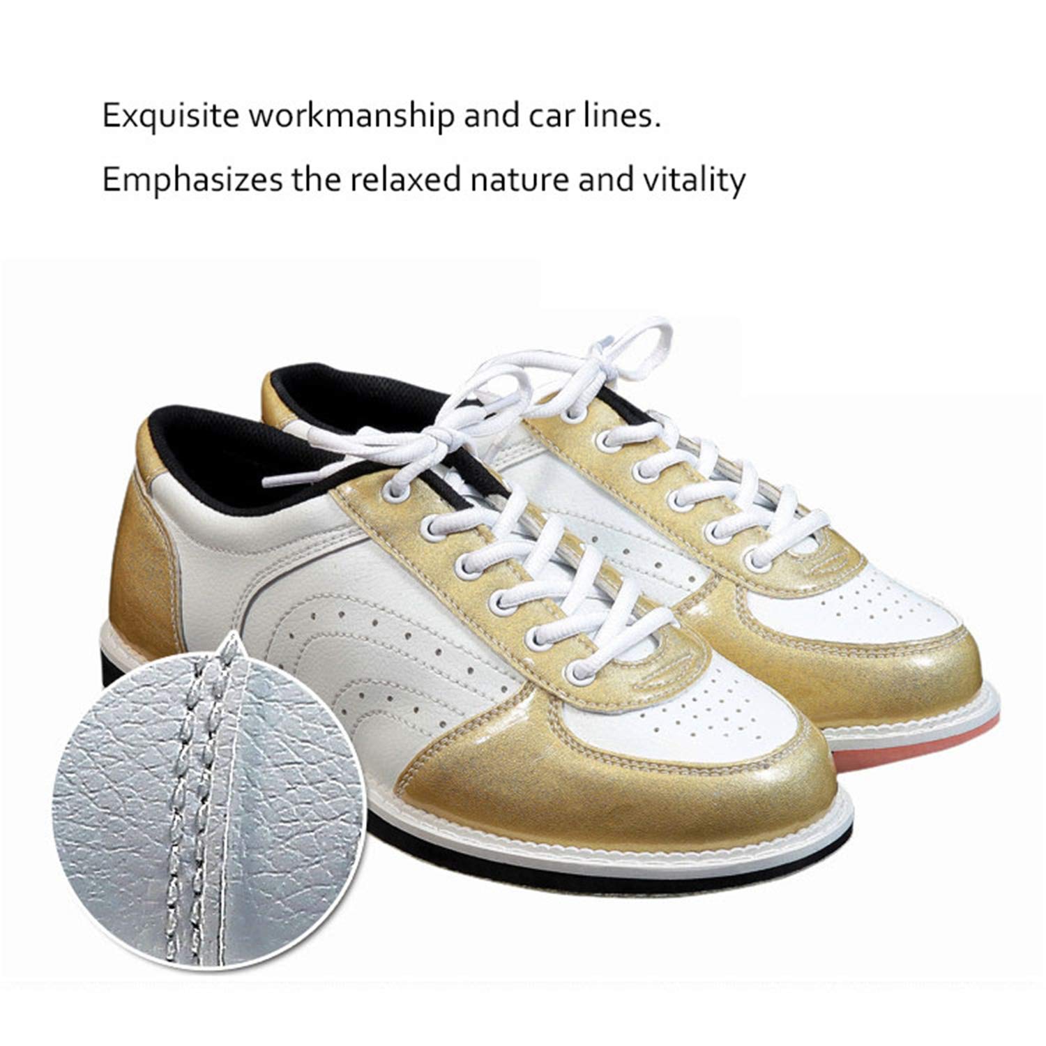 Herren Bowlingschuhe, Damen Mode Trainer rutschfeste Leichte Lace Up Lederschüsseln Schuhe Atmungsaktive Bowling Trainer,Gold,44