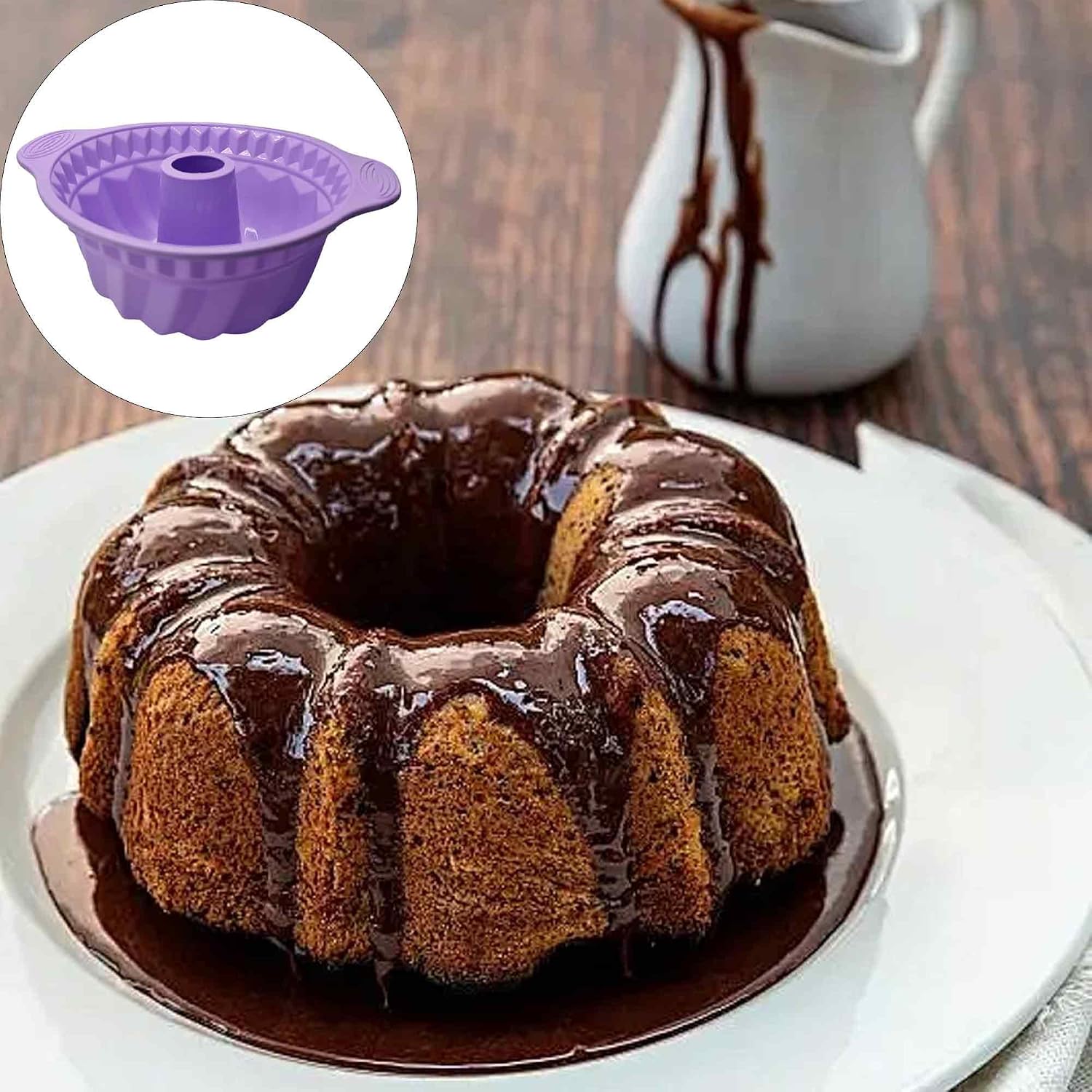 9 Inch Purple Silicone Fluted Cake Pan, Non-stick Baking Mold with Handle for Bundt Cakes Bread and Desserts