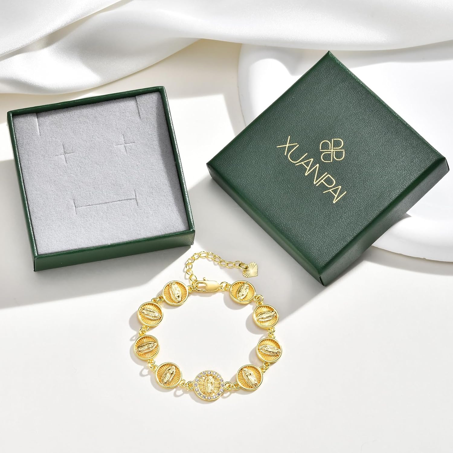 Women's Gold Virgin Mary Bracelet - 14K Gold Plated Catholic Bracelets,Non Tarnish Adjustable Golden Religious Virgen De Guadalupe Jewelry, Catholic Baptism Confirmation First Communion Gifts for Her - Image 5