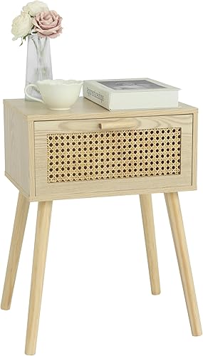 Miniatura 6 de AWASEN Mesita de noche de ratán, mesita de noche con cajón de ratán, mesa auxiliar de madera con almacenamiento y patas de madera maciza para