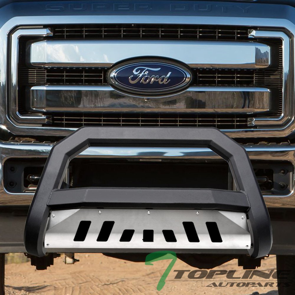 Matte Black AVT Style Bull Bar Brush Push Front Bumper Grill Grille Guard With Aluminum Skid Plate Compatible With 11-16 Ford F250 / F350 / F450 / F550 Superduty