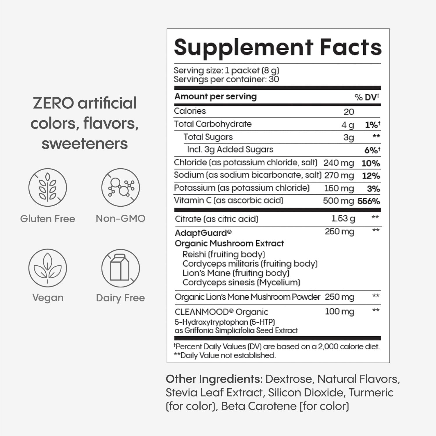 Hydralyte Brain Support - Memory & Focus | Electrolytes + Organic Lions Mane, Reishi, Cordyceps & 5-HTP | Adaptogen Drink Mix with Mushroom Powder | Support Focus and Mood (30 Pack, Mango Punch)