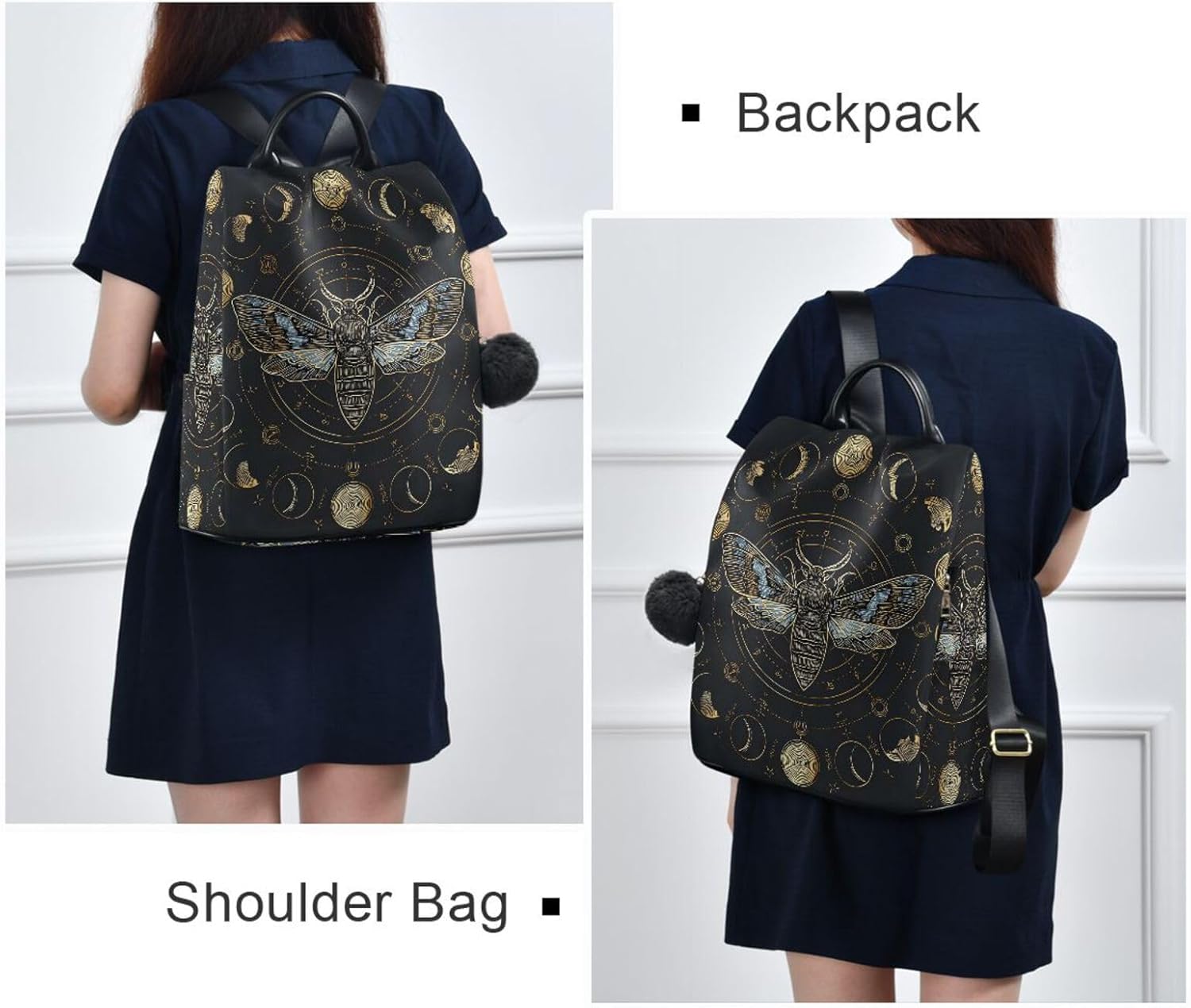 Retro Moon Phase Moth Backpack Purse for Women Lightweight Small Shoulder Bag Back Pack with Anti Theft Zippers Handbag Daypack