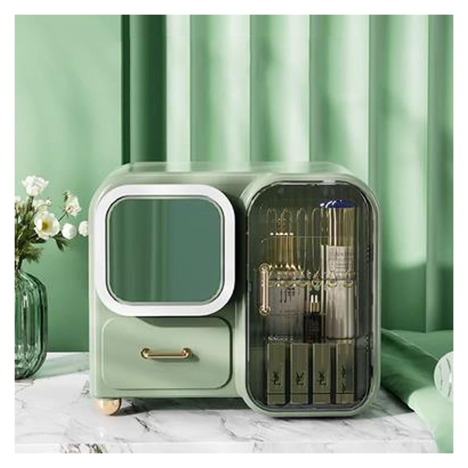 KFGISD, jewelery, Brush, Vanity Desk, Dresser, Bedroom, Office, Bathroom Cosmetics Organiser,Tabletop Mirror(Green (Without Led))