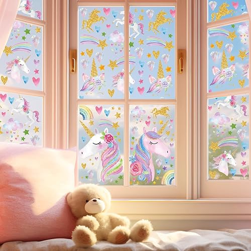 Miniatura 6 de Calcomanías de unicornio para ventana, acuarela, brillantina, unicornio, doble cara, caricatura, arcoíris, estrella, corazón, diamante, decoración