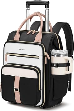 Ytonet Rolling Backpack for Women, 15.6 Inch Travel Backpack with Wheels, Stylish Rolling Laptop Bag with Passport Holder, Dual-Opening Design, Underseat Carry on Luggage for Work College Teacher
