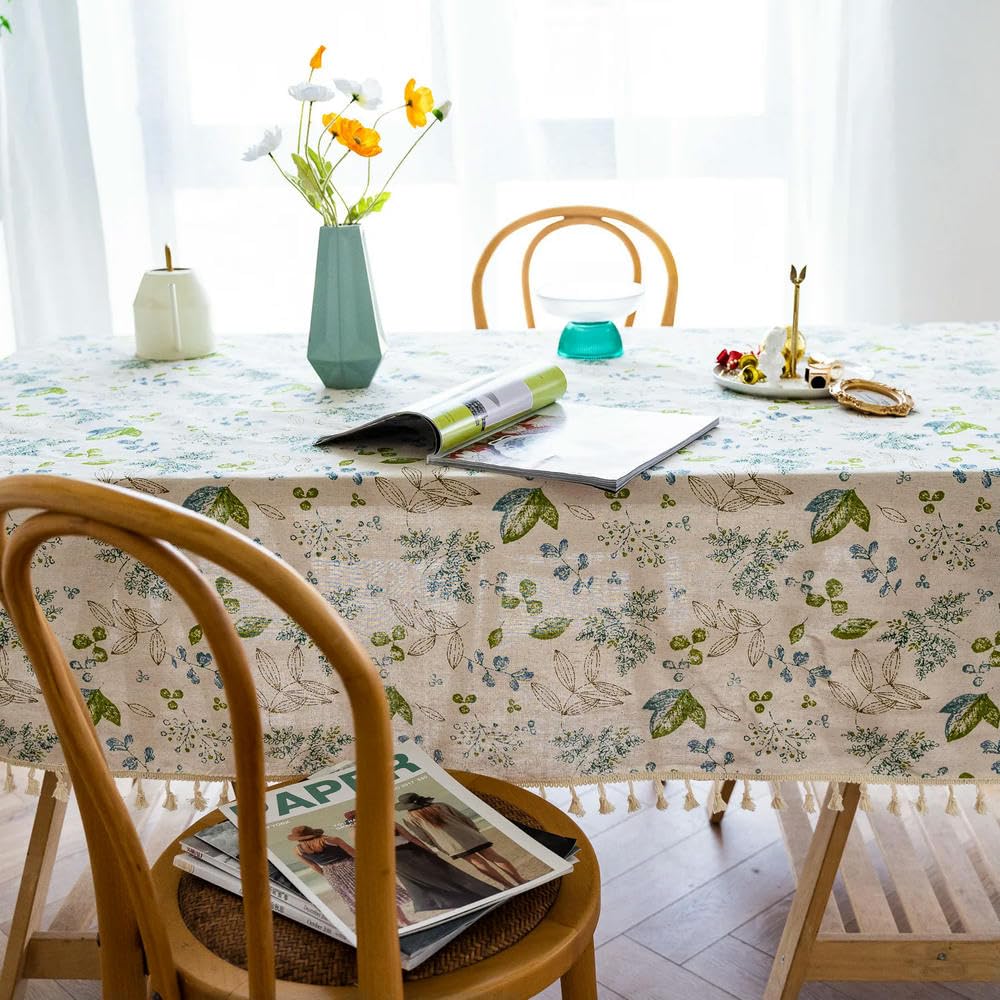 Mantel de Lino y algodón de 60 a 300cm Estilo japonés Floral con Borla Rectangular para Cocina Mapa decoración de Mesa para el hogar