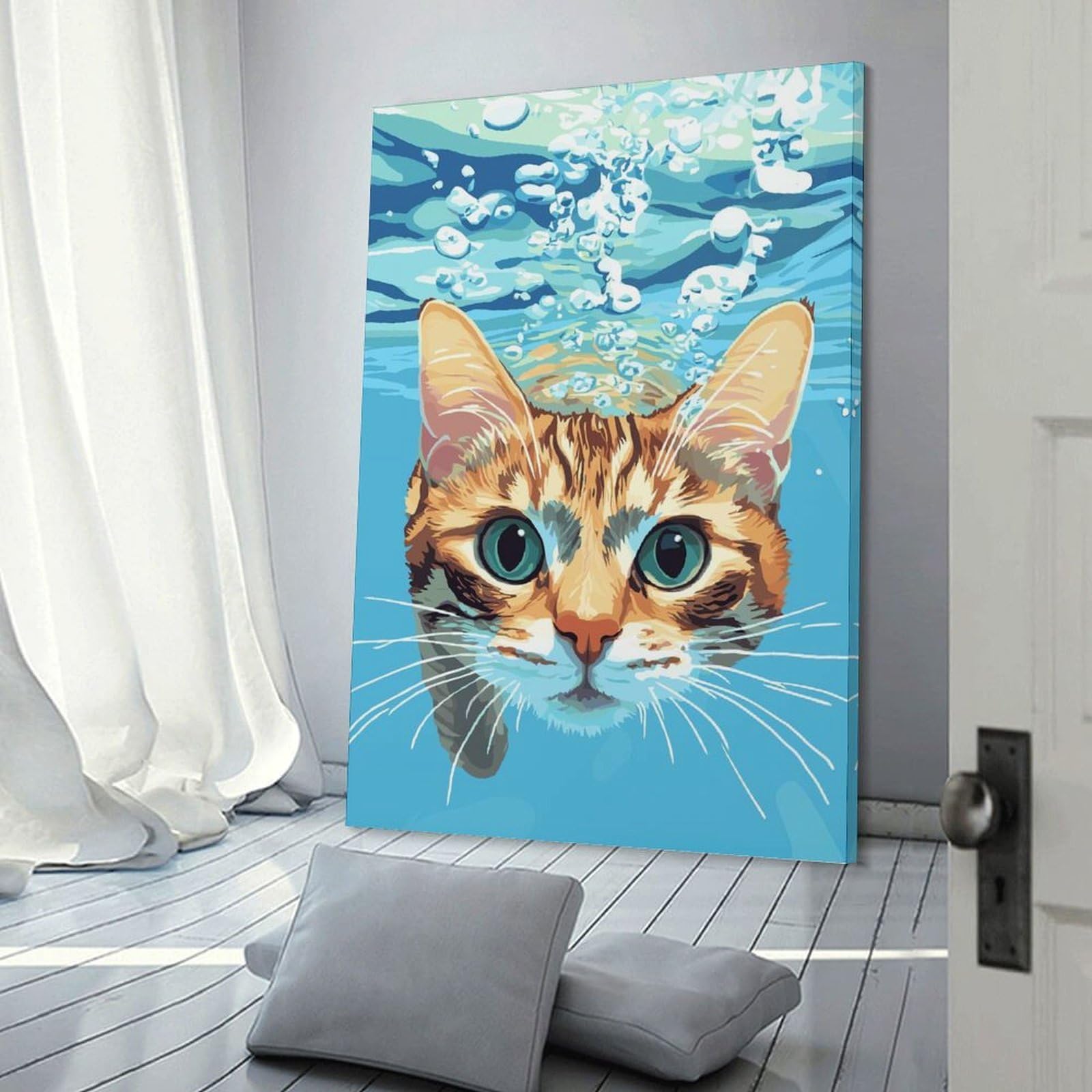 Junmoney Cat Underwater Digital Art Room Decor Wall Art, 24x36inch(60x90cm), for Home Office, Desk Area Or Studio, An Interior Accent for Desk Areas