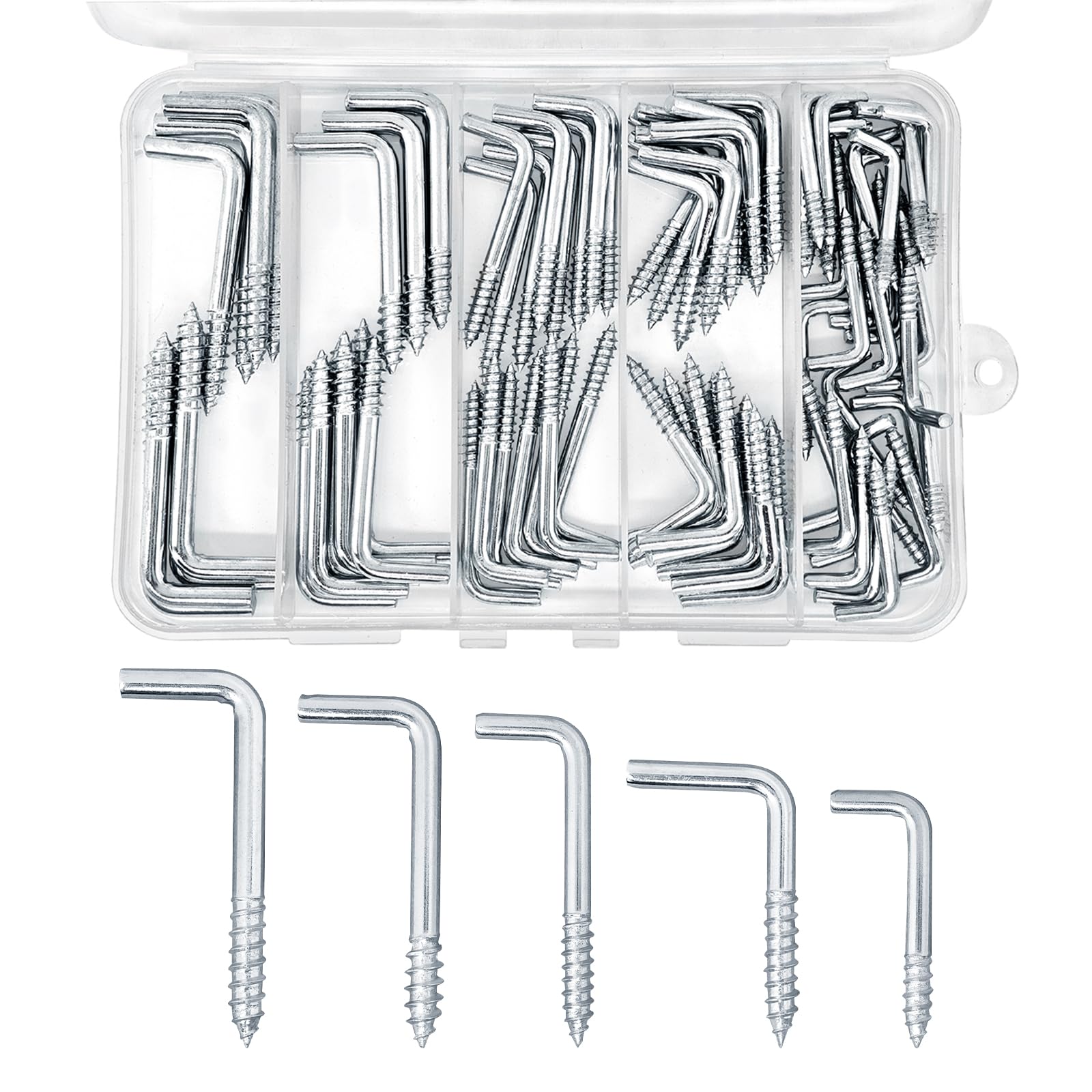 Ticway 85 PCS Galvanized Spiral Square Bend Hook Set, 5 Sizes Heavy Duty Self-Tapping Hooks for Home Garage