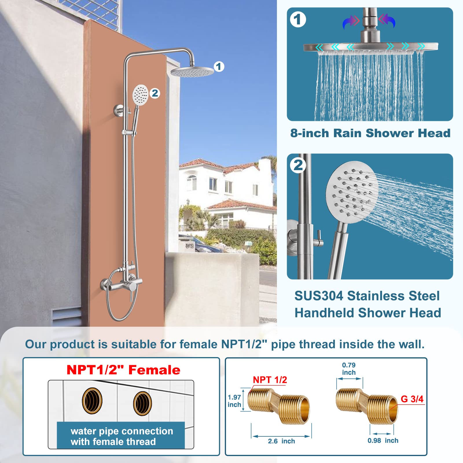 Système de Douche Pommeau de Douche en Nickel brossé, Ensemble de luminaires extérieurs, Robinet Mural à Effet Pluie en Acier Inoxydable SUS304 de 8 Pouces avec douchette Ronde, ba