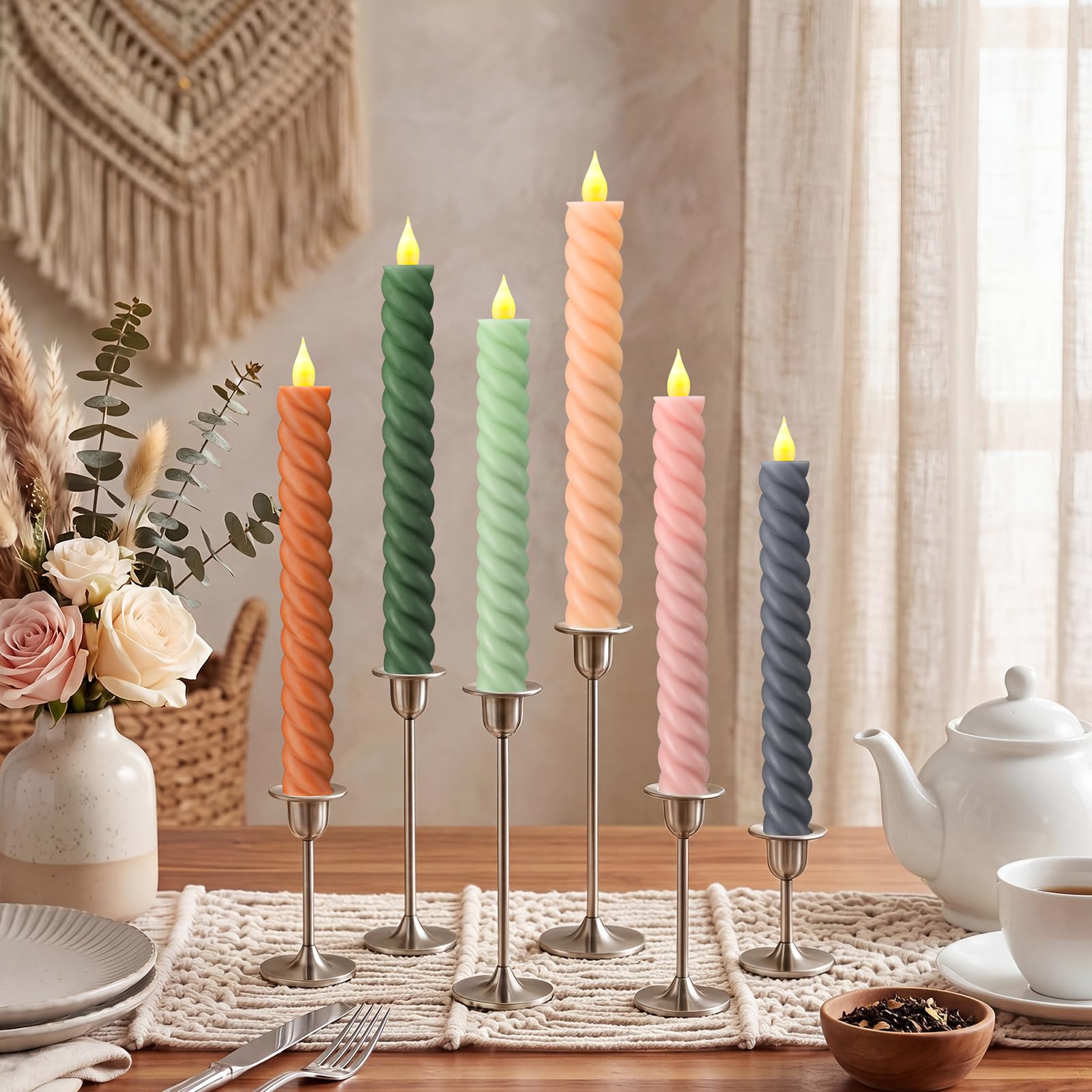 Baquler 6 Pcs Fall Pastel Flameless Taper Candle Twisted 9.65 in Boho