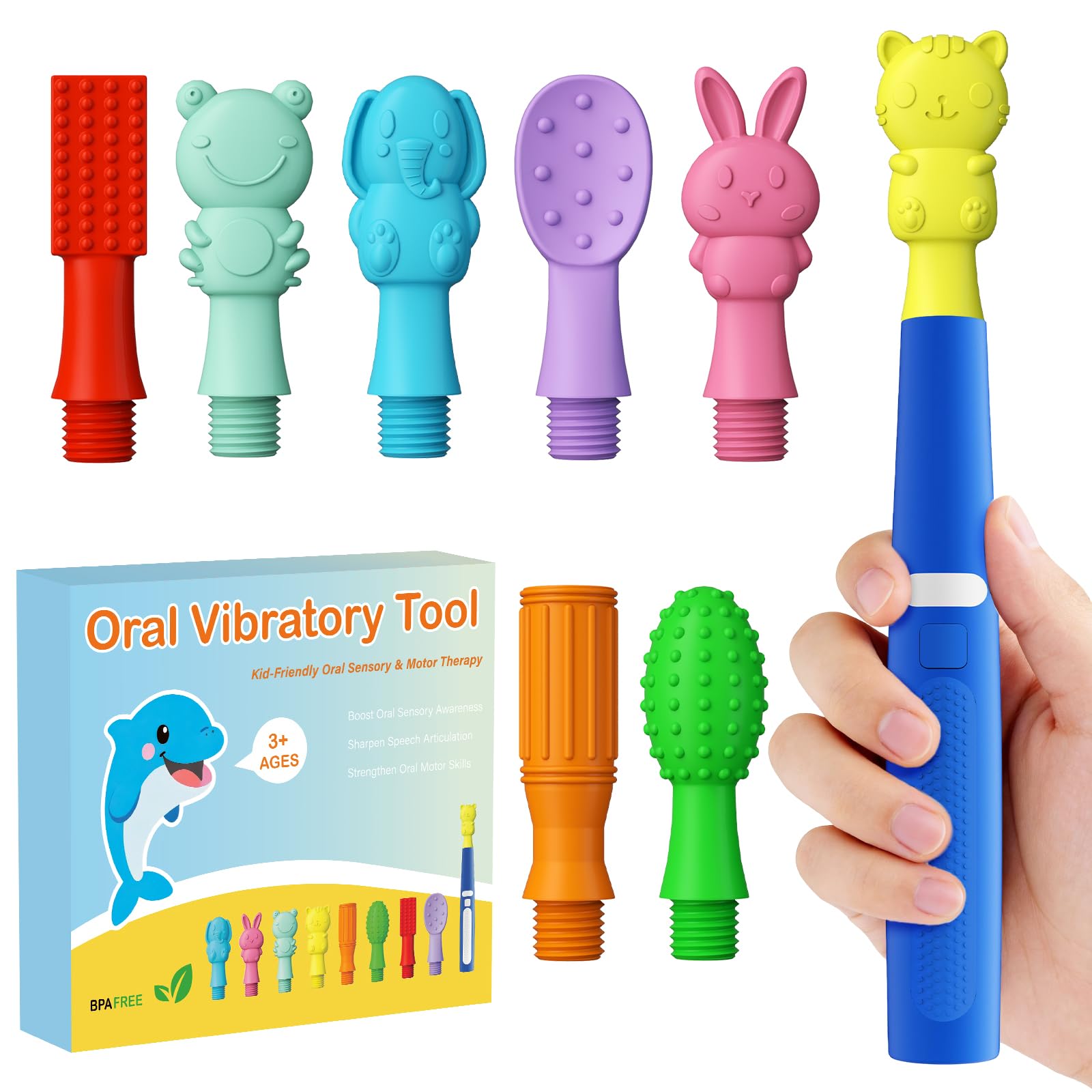 Photo 1 of Oral Sensory Vibration Tool with 8 Textured Silicone Heads - Blue