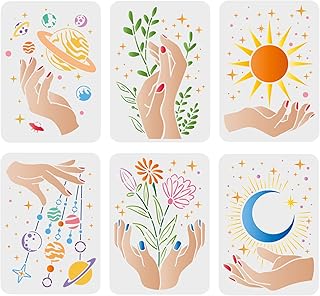 FINGERINSPIRE 6 Pcs Hand Pattern Stencils 11.7x8.3 Inch Sun Moon Star Pl...
