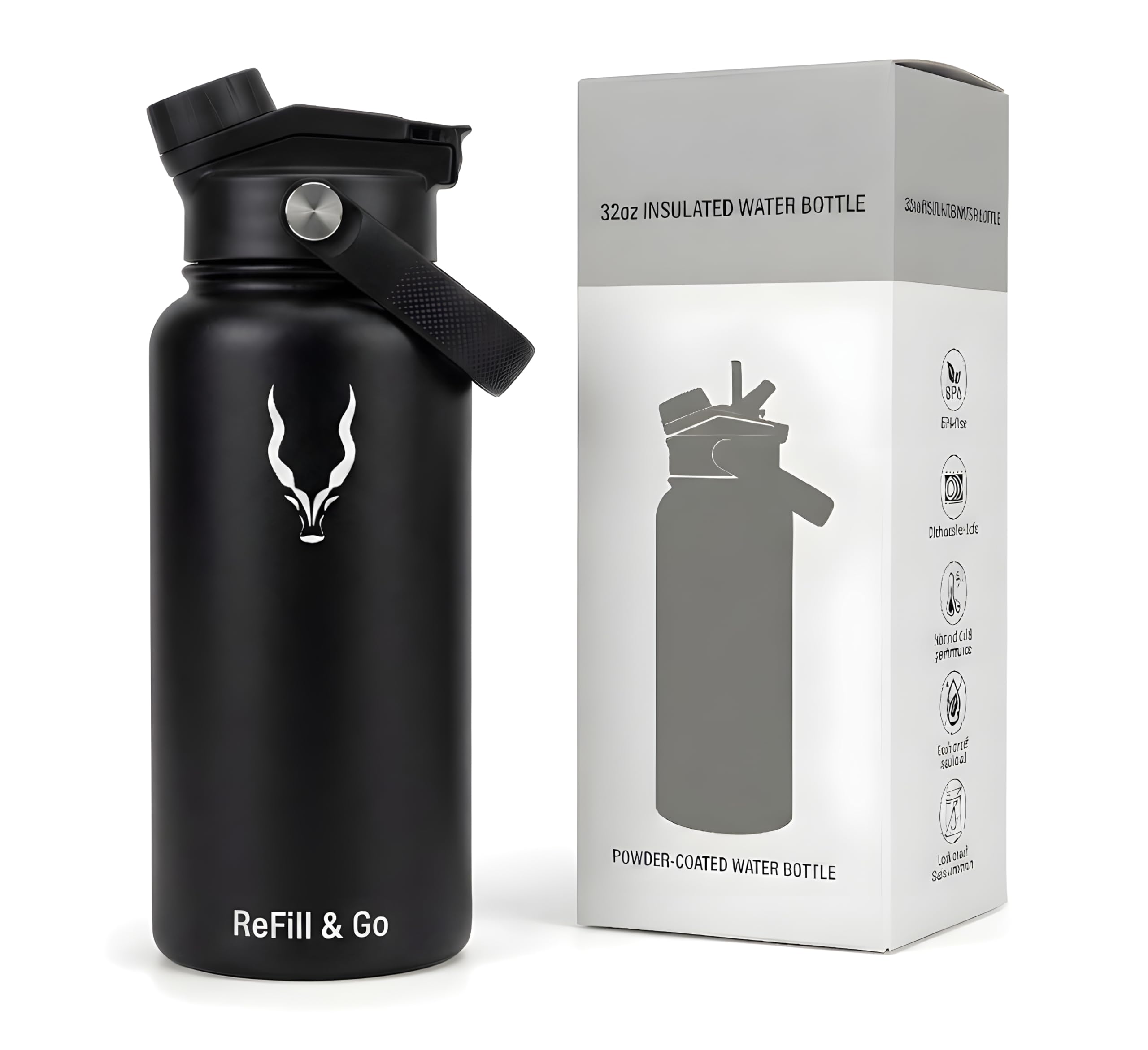 Stainless Steel Water Bottle with 2-in-1 Lid – Insulated Metal Water Bottle Leakproof – Hot & Cold Reusable Drinks Bottle for Gym, Travel, Office & School (Black, 32 Oz)