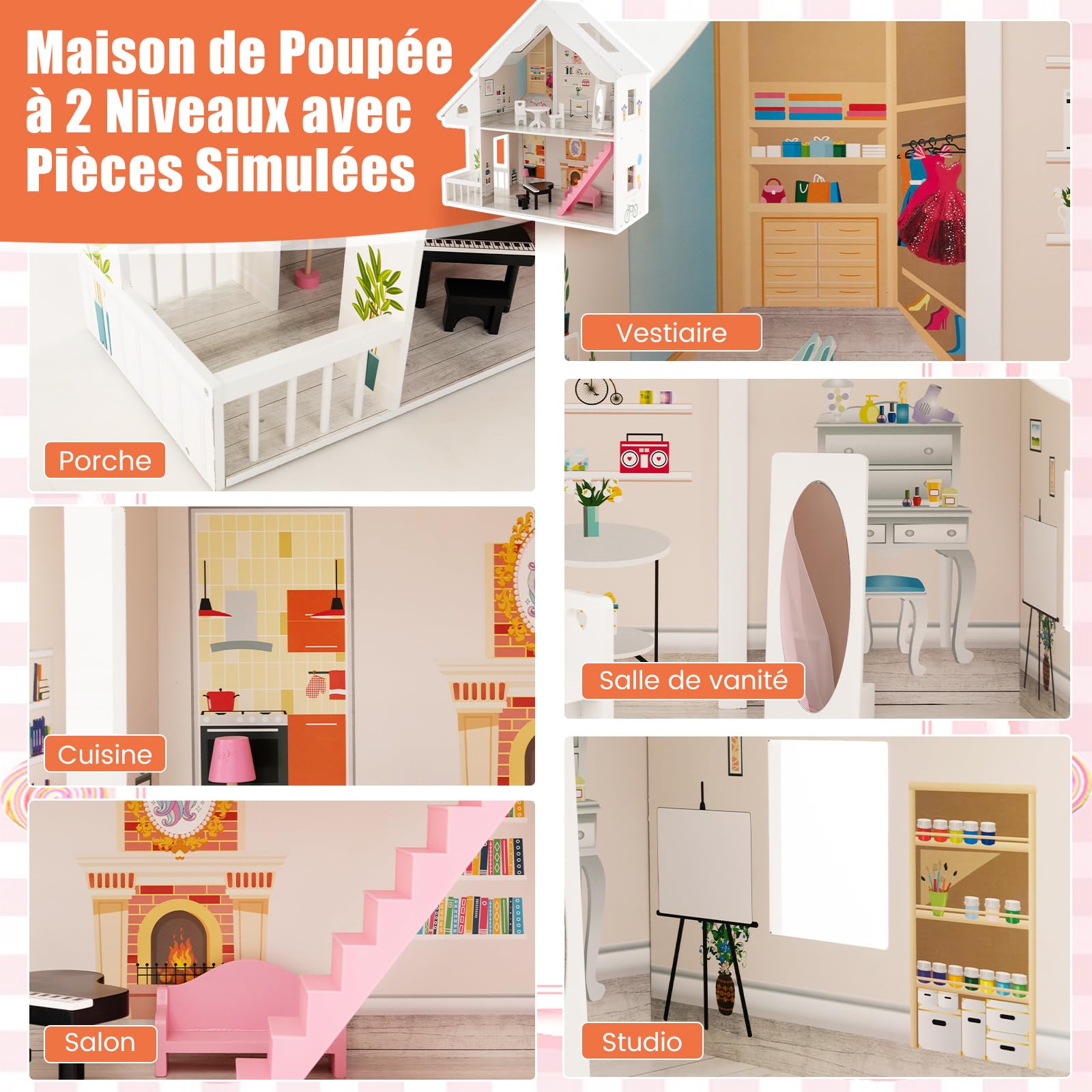 COSTWAY Maison de Poupée en Bois à 2 Etages avec 6 Pièces & 8 Meubles, Maison de Rêve avec Autocollants & Motifs Mignons, Jeu d’Imitation pour Enfants de 3 Ans+, 81 x 30 x 86 cm