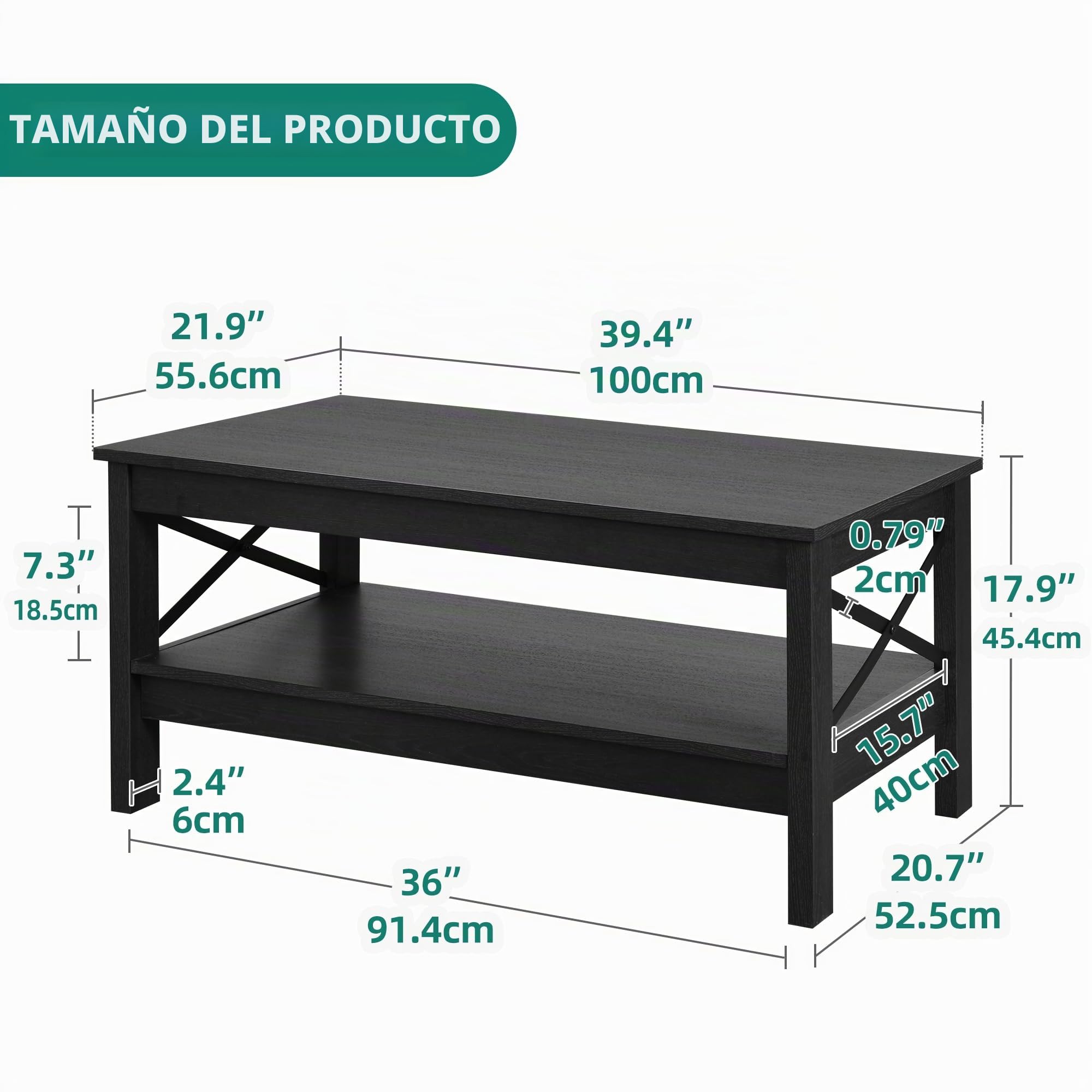 YITAHOME Mesa de Centro Negra con Estante de Almacenamiento, 100 x 55,6 x 45,4 cm, mesas de café Modernas de Granja para Sala de Estar
