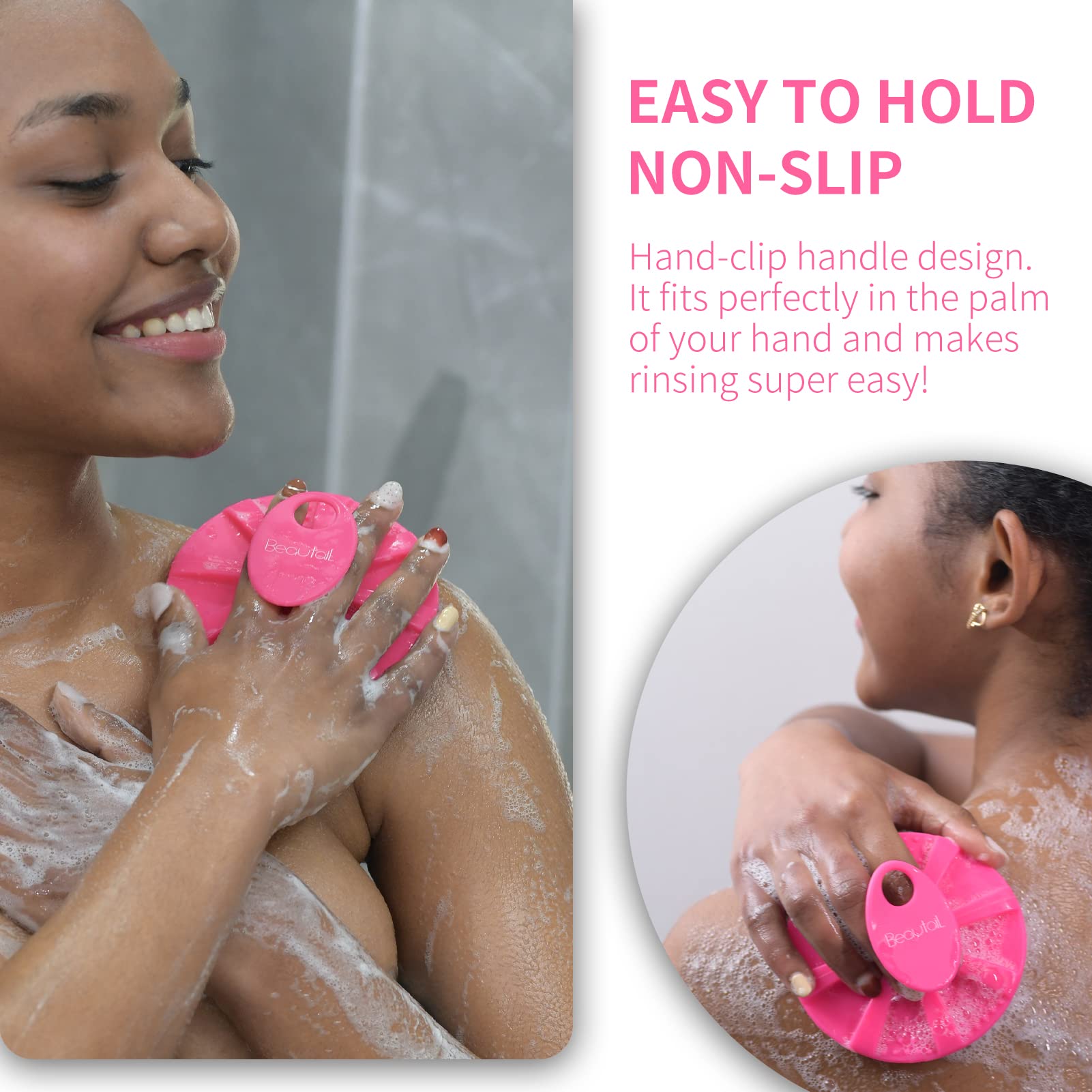 BEAUTAIL Silicone Body Scrubber Shower Bath Brush, More Hygienic Than Traditional Loofah, Lather Nicely, Long Lasting, Gentle Exfoliating for Women Men Baby Sensitive Skin, 1 Pack, Rose 2