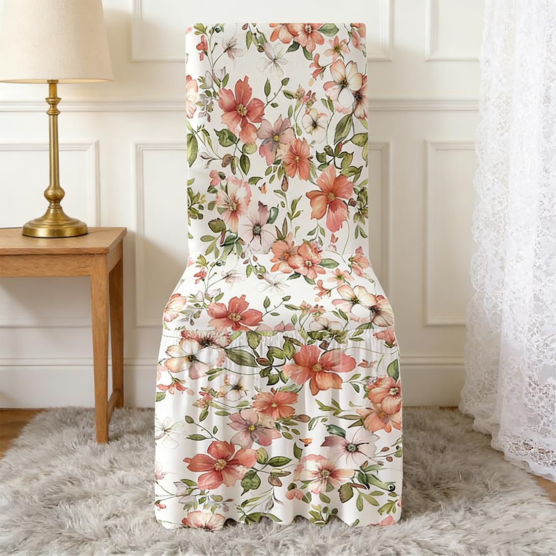 Dining Chair Covers with Skirt Stretch Dining Chair Cover with Printed Design Removable Long Ruffled Skirt Parson Chairs Slipcovers for Kitchen Banquet Wedding Set of 4 YHYT01-3