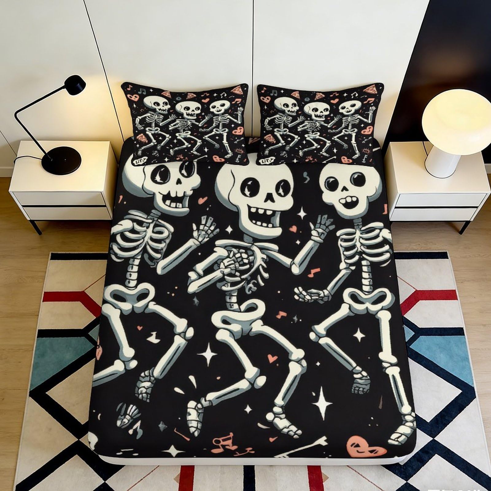 3D Printed Dancing Skeletons Fitted Sheet Microfiber Halloween Skull Mattress Cover for Bedroom Guest Room Decor 140x200x25cm